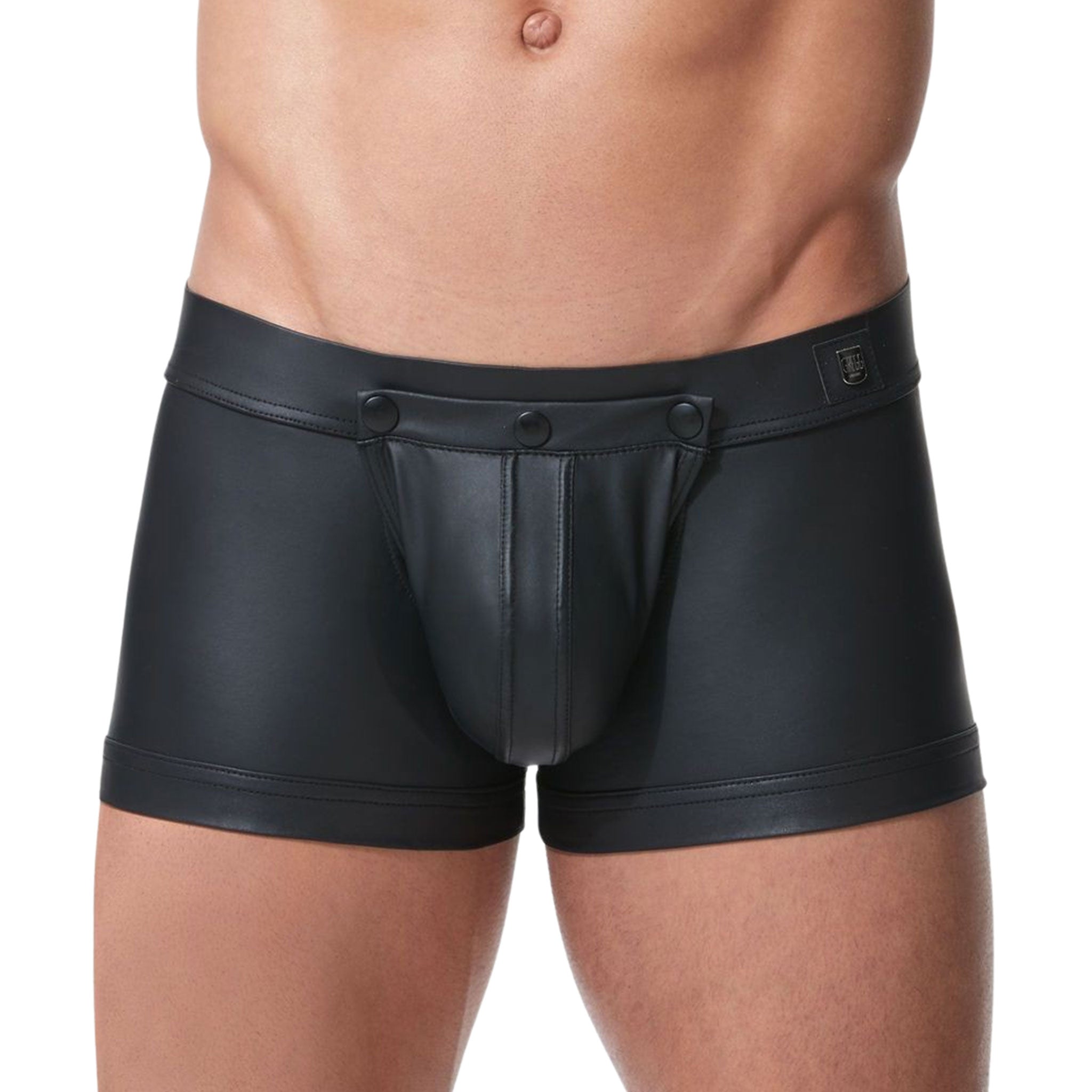 Wetlook faux leather underwear lingerie trunks shorts snap-on snap-button press-button exposed butt open-back open-seat breathable stylish detachable pouch peek-a-boo cutout cut-out men mens male masculine black