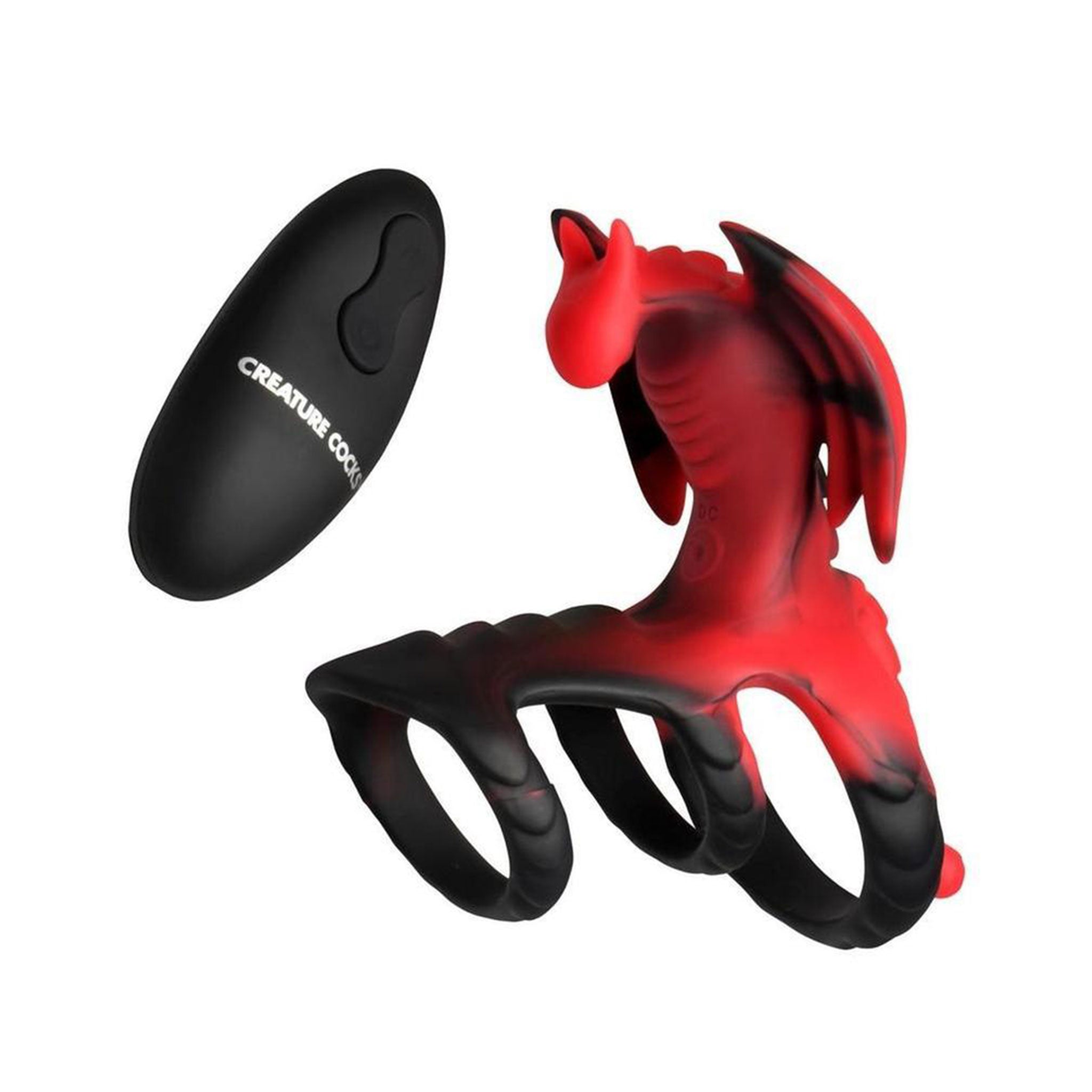 Silicone ABS-plastic body-safe accessories cockring cock-ring vibe vibrating vibrator stim stimulation cnb cock-and-ball dragon-wings dual-ring textured ridge-scaled remote-control usb-rechargeable battery-remote AAA-battery LR03-battery comfortable adjustable support flexible fantasy fantasy-play dragon costume cosplay halloween adult-toys male masculing masc mens menswear guys dudes red-black