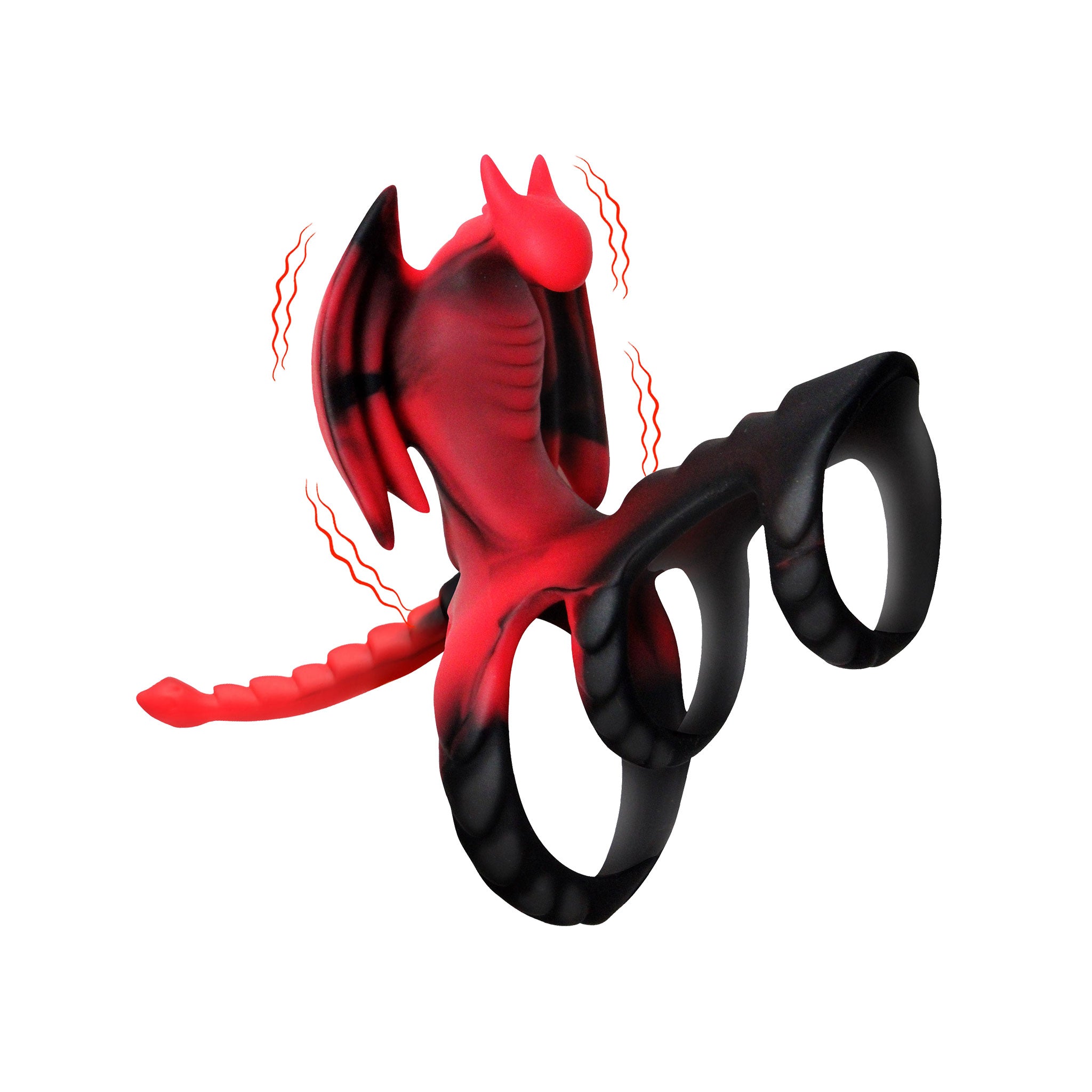 Silicone ABS-plastic body-safe accessories cockring cock-ring vibe vibrating vibrator stim stimulation cnb cock-and-ball dragon-wings dual-ring textured ridge-scaled remote-control usb-rechargeable battery-remote AAA-battery LR03-battery comfortable adjustable support flexible fantasy fantasy-play dragon costume cosplay halloween adult-toys male masculing masc mens menswear guys dudes red-black