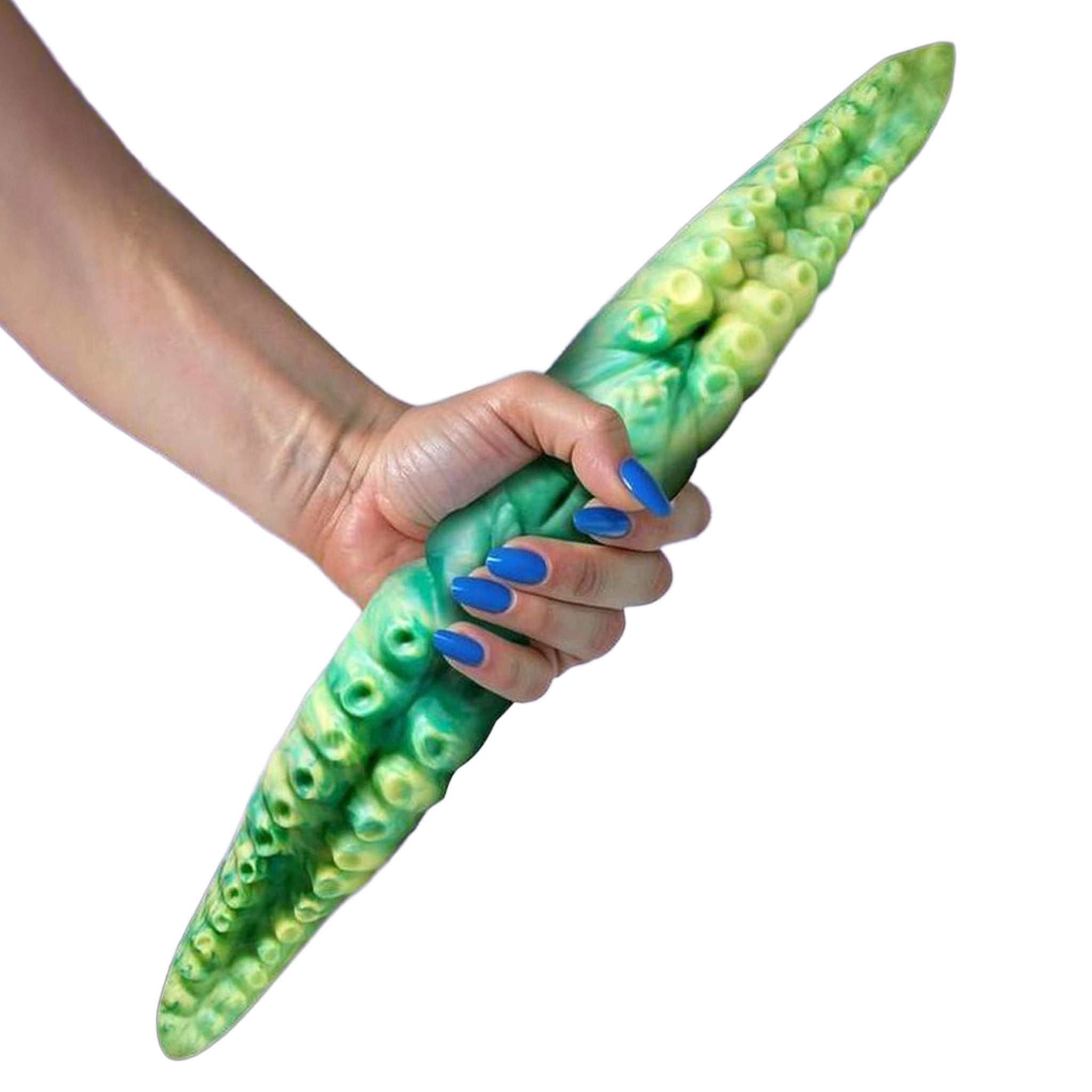 Silicone phthalate-free accessories insertable dildo dong double-ended double-dildo vagina vaginal anus anal anal-probe anal-plug textured tentacle-texture huge firm flexible kink kinky kinky-play fantasy fantasy-play aquatic-creature creature-cocks gifts costume cosplay halloween adult-toys unisex green-yellow green galaxy-green