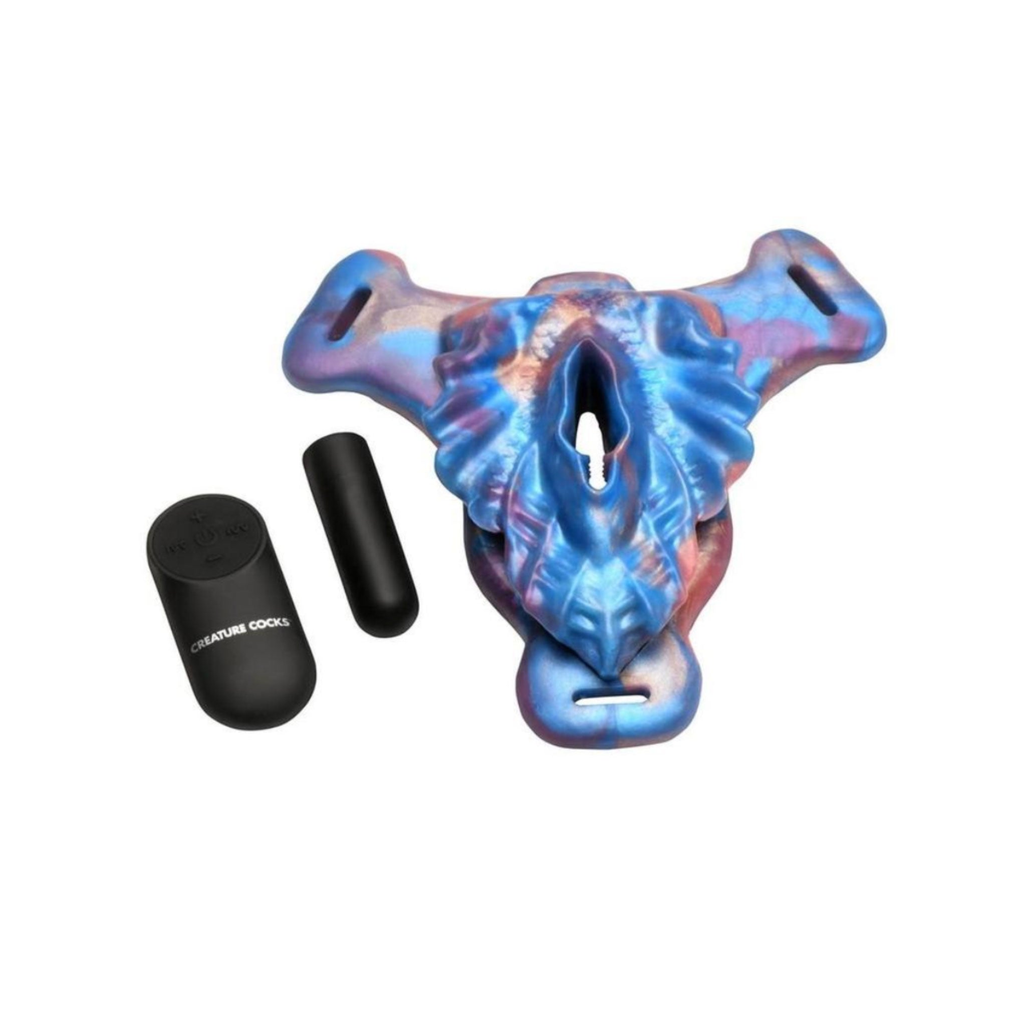 Silicone nylon plastic metal accessories harness strapon-harness strap-on open-back adjustable-straps sculpted textured textured-tunnel bullet-pocket vibe vibrating vibrator vibration bullet-vibe clit clitoris clitoral stim stimulator stimulating usb-rechargeable remote-control splashproof bondage bdsm bdsm-toys fantasy mermaid siren kink kinky kinky-play costume cosplay halloween adult-toys creature-cocks unisex blue gold