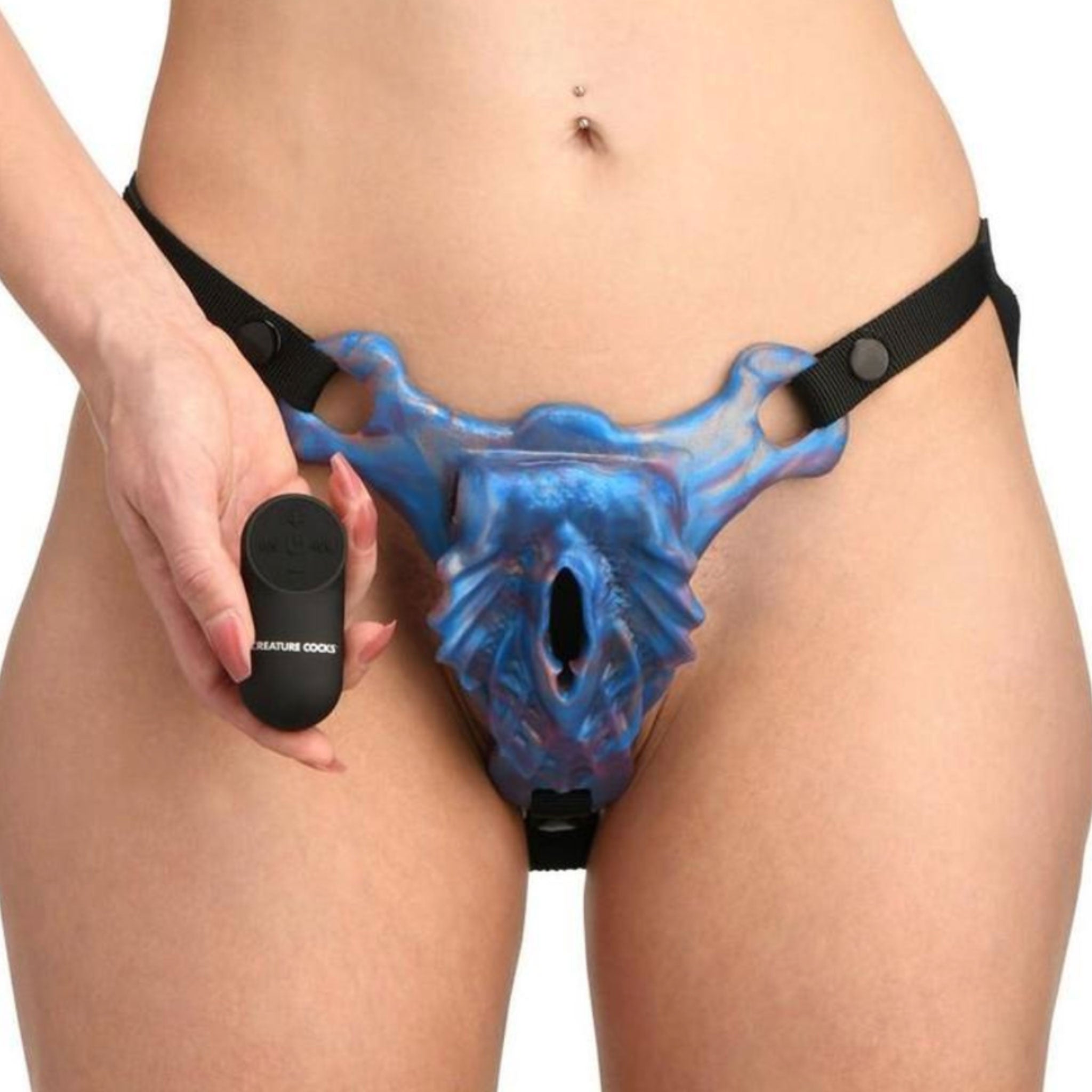 Silicone nylon plastic metal accessories harness strapon-harness strap-on open-back adjustable-straps sculpted textured textured-tunnel bullet-pocket vibe vibrating vibrator vibration bullet-vibe clit clitoris clitoral stim stimulator stimulating usb-rechargeable remote-control splashproof bondage bdsm bdsm-toys fantasy mermaid siren kink kinky kinky-play costume cosplay halloween adult-toys creature-cocks unisex blue gold