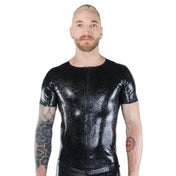 Latex rubber etched-rubber-textured-pattern flame-pattern flame-texture fire-texture top shirt short-sleeve shortsleeve sleeves sleeved front-zip full-zip zipper crew-neck fetish fashion danger excitement comfortable classic versatile playtime play-time daring bold latex-lover alt-fashion bdsm-fashion male masculine masc mens menswear guys dudes black