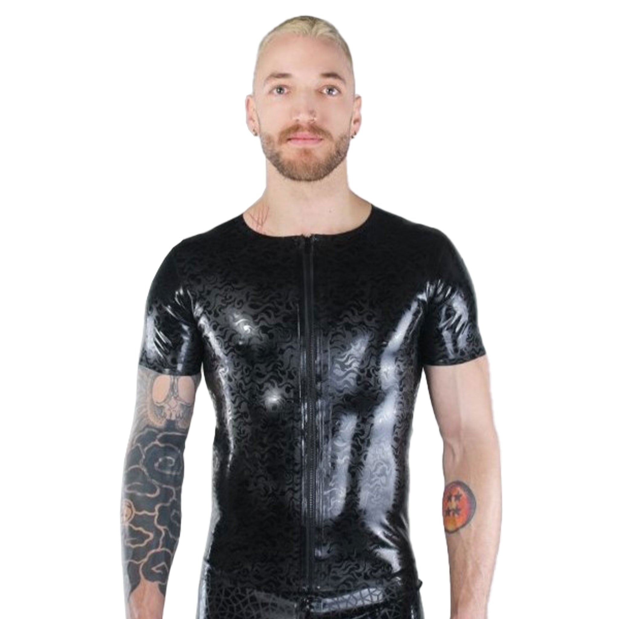 Latex rubber etched-rubber-textured-pattern flame-pattern flame-texture fire-texture top shirt short-sleeve shortsleeve sleeves sleeved front-zip full-zip zipper crew-neck fetish fashion danger excitement comfortable classic versatile playtime play-time daring bold latex-lover alt-fashion bdsm-fashion male masculine masc mens menswear guys dudes black