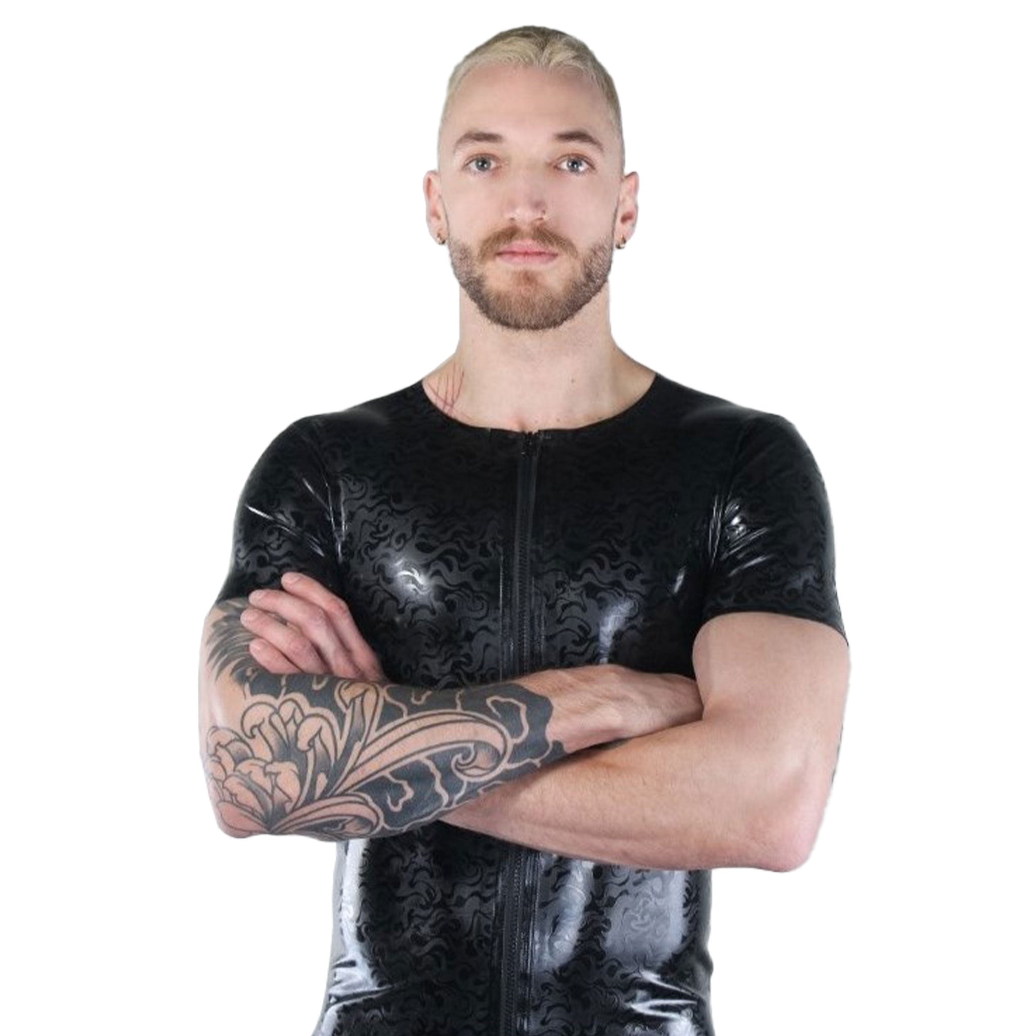 Latex rubber etched-rubber-textured-pattern flame-pattern flame-texture fire-texture top shirt short-sleeve shortsleeve sleeves sleeved front-zip full-zip zipper crew-neck fetish fashion danger excitement comfortable classic versatile playtime play-time daring bold latex-lover alt-fashion bdsm-fashion male masculine masc mens menswear guys dudes black