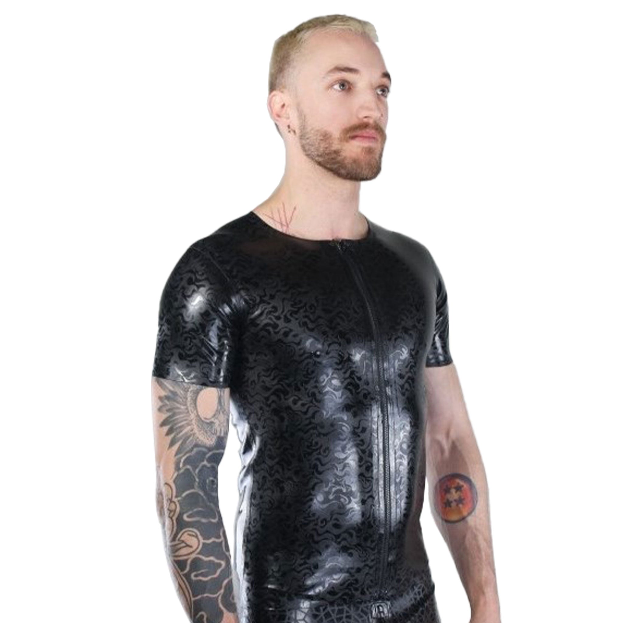 Latex rubber etched-rubber-textured-pattern flame-pattern flame-texture fire-texture top shirt short-sleeve shortsleeve sleeves sleeved front-zip full-zip zipper crew-neck fetish fashion danger excitement comfortable classic versatile playtime play-time daring bold latex-lover alt-fashion bdsm-fashion male masculine masc mens menswear guys dudes black