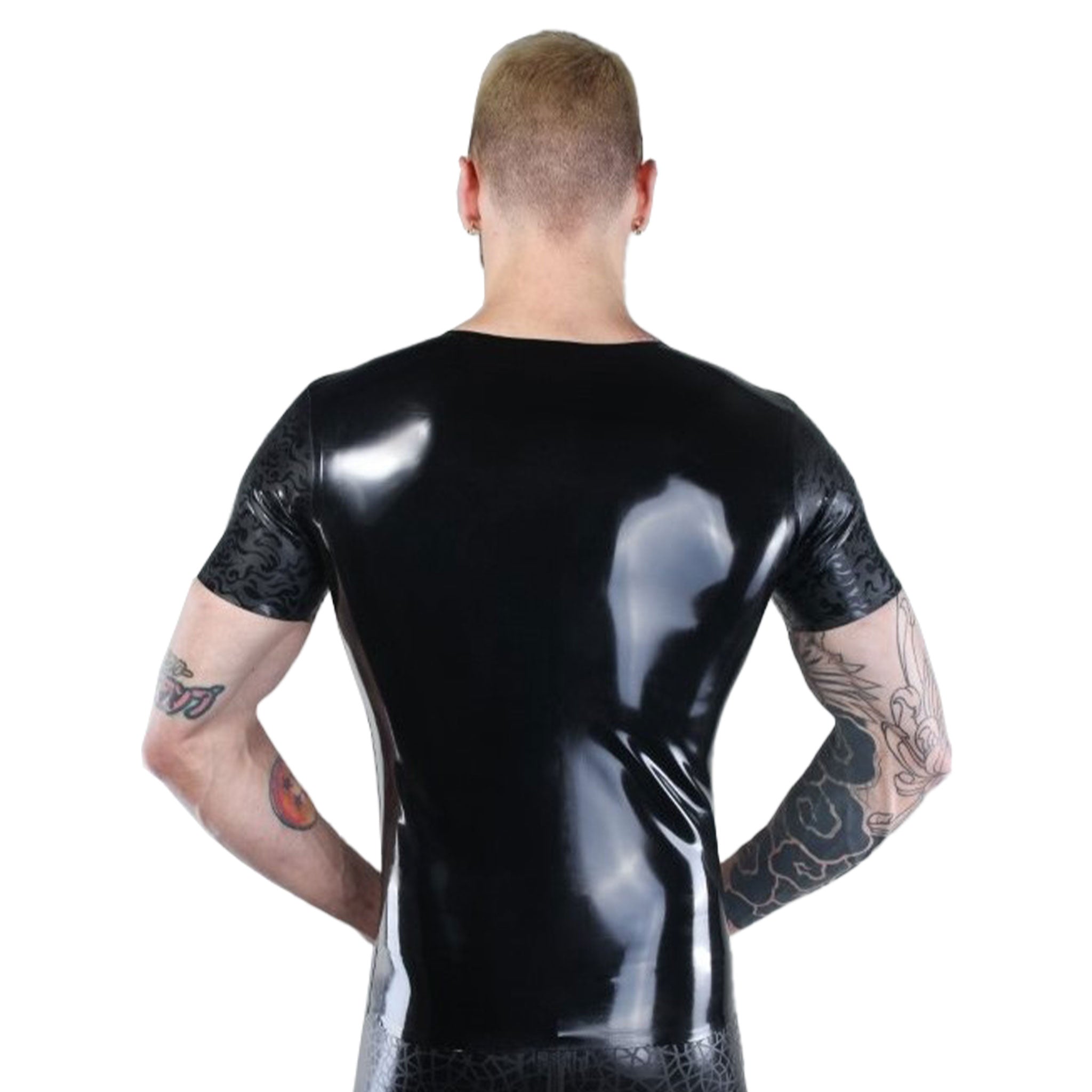 Latex rubber etched-rubber-textured-pattern flame-pattern flame-texture fire-texture top shirt short-sleeve shortsleeve sleeves sleeved front-zip full-zip zipper crew-neck fetish fashion danger excitement comfortable classic versatile playtime play-time daring bold latex-lover alt-fashion bdsm-fashion male masculine masc mens menswear guys dudes black