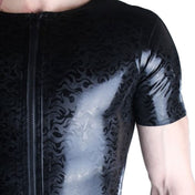 Latex rubber etched-rubber-textured-pattern flame-pattern flame-texture fire-texture top shirt short-sleeve shortsleeve sleeves sleeved front-zip full-zip zipper crew-neck fetish fashion danger excitement comfortable classic versatile playtime play-time daring bold latex-lover alt-fashion bdsm-fashion male masculine masc mens menswear guys dudes black