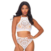 Nylon Spandex lace lingerie set boho bohemian crochet crop top crop-top croptop strappy back pantiy panties thong g-string high-waist breathable see-thru 2-piece 2pc two-piece flirty rave festival raver concert women woman intimates feminine female femme white