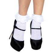 Nylon Spandex lace accessories intimates hosiery socks ankle-socks crochet-pattern heart-pattern heart ruffle-top lace-ruffle reinforced-toe cute comfortable stretchy costume cosplay halloween schoolgirl back-to-school ddlg ageplay female femme feminine womens white 