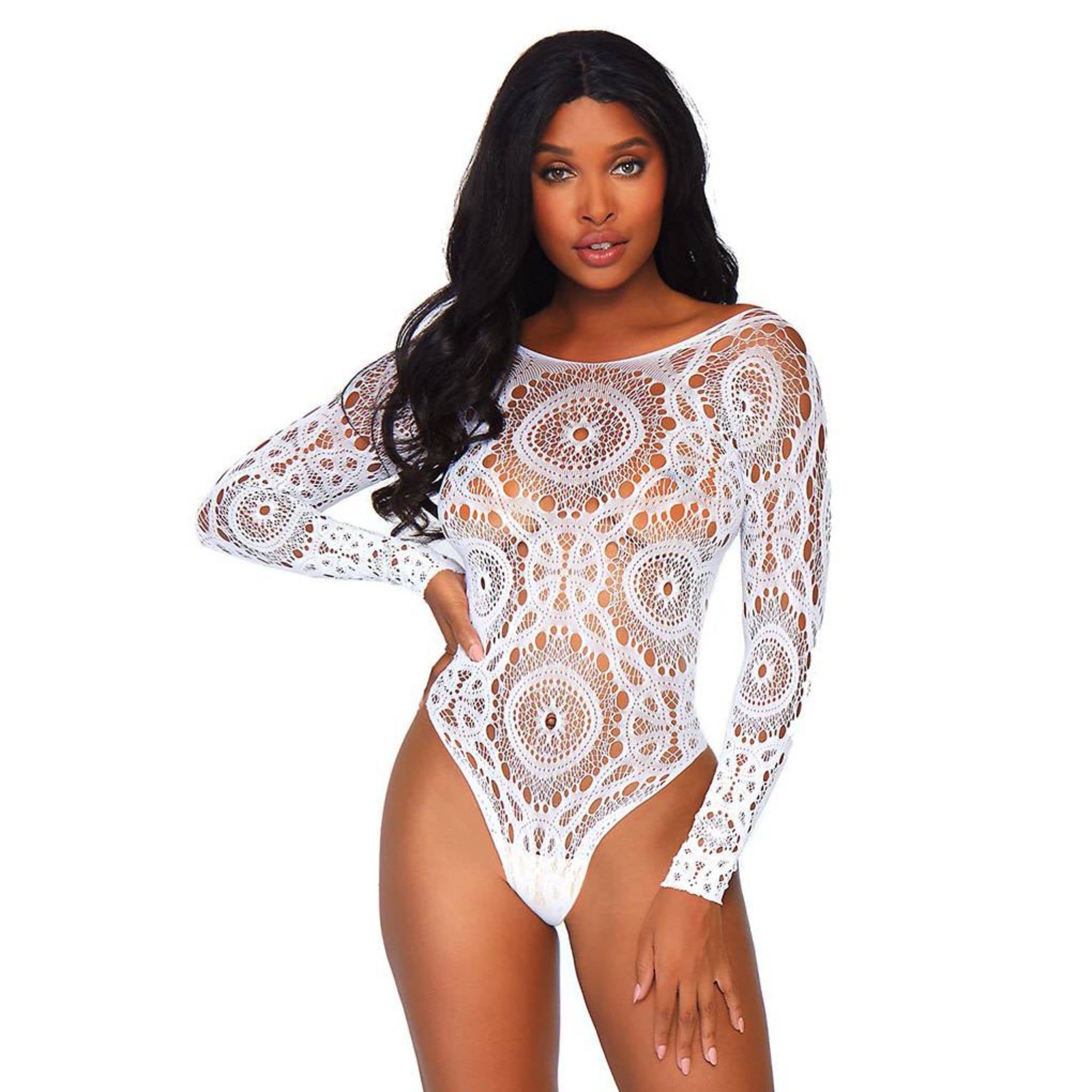 Nylon elastane Spandex lingerie bodysuit crochet lace intricate long sleeve sleeves sleeved long-sleeve scoop neck g-string gstring thong back keyhole snap-button crotch breathable layering female femme feminine women sultry white