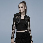 Polyester elastane spandex polyurethane cotton leather faux-leather imitation-leather net coarse-net mesh sheer transparent top jacket bolero croptop crop-top longsleeve long-sleeve sleeves sleeved snakeskin snake-skin animal-print criss-cross breast-pocket lightweight front-zip zipper fancy soft breathable opaque stretchy elaborate fashion alt-fashion punk dark-punk goth gothic clubwear techwear cyber rave costume cosplay halloween bat vampire female femme feminine womens black