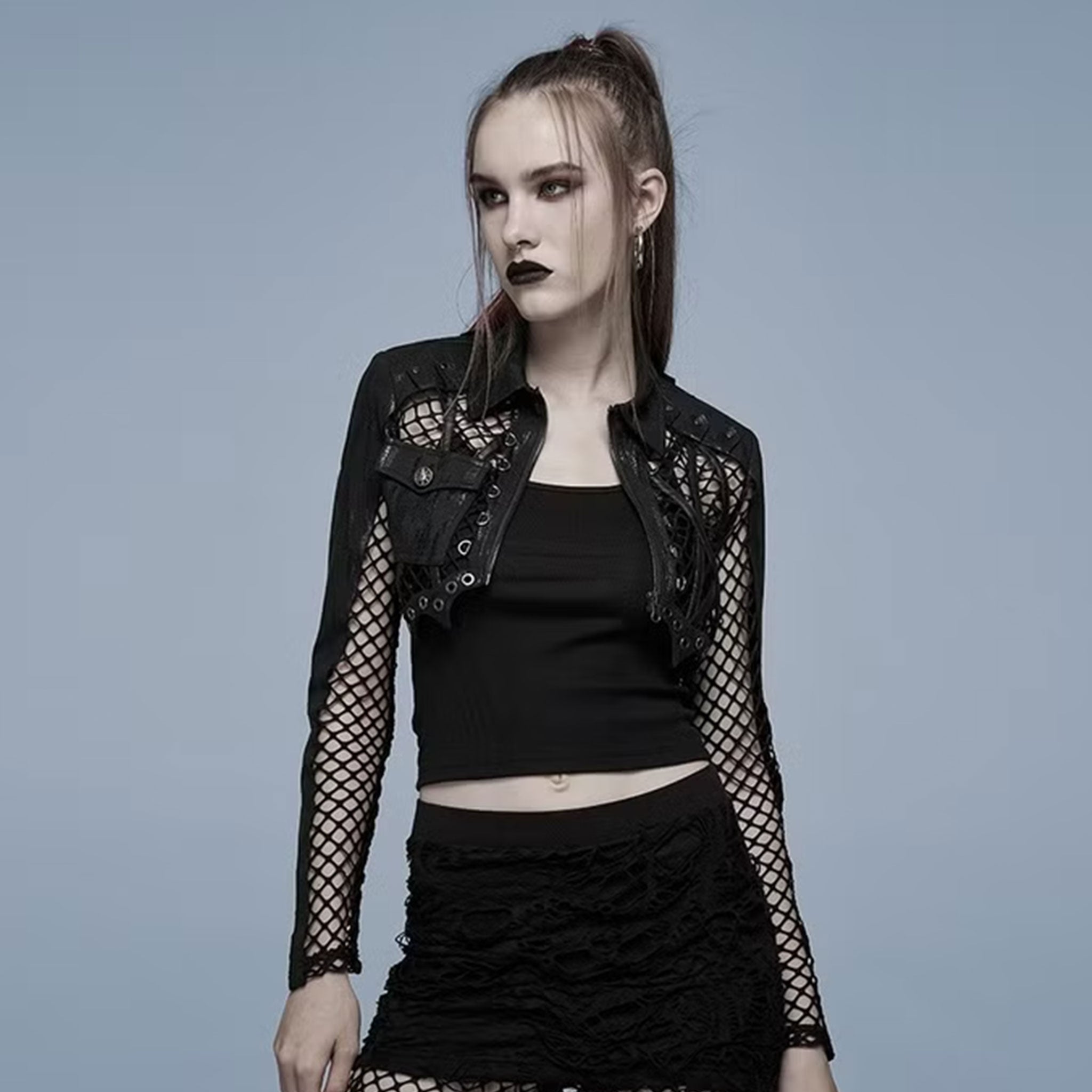 Polyester elastane spandex polyurethane cotton leather faux-leather imitation-leather net coarse-net mesh sheer transparent top jacket bolero croptop crop-top longsleeve long-sleeve sleeves sleeved snakeskin snake-skin animal-print criss-cross breast-pocket lightweight front-zip zipper fancy soft breathable opaque stretchy elaborate fashion alt-fashion punk dark-punk goth gothic clubwear techwear cyber rave costume cosplay halloween bat vampire female femme feminine womens black