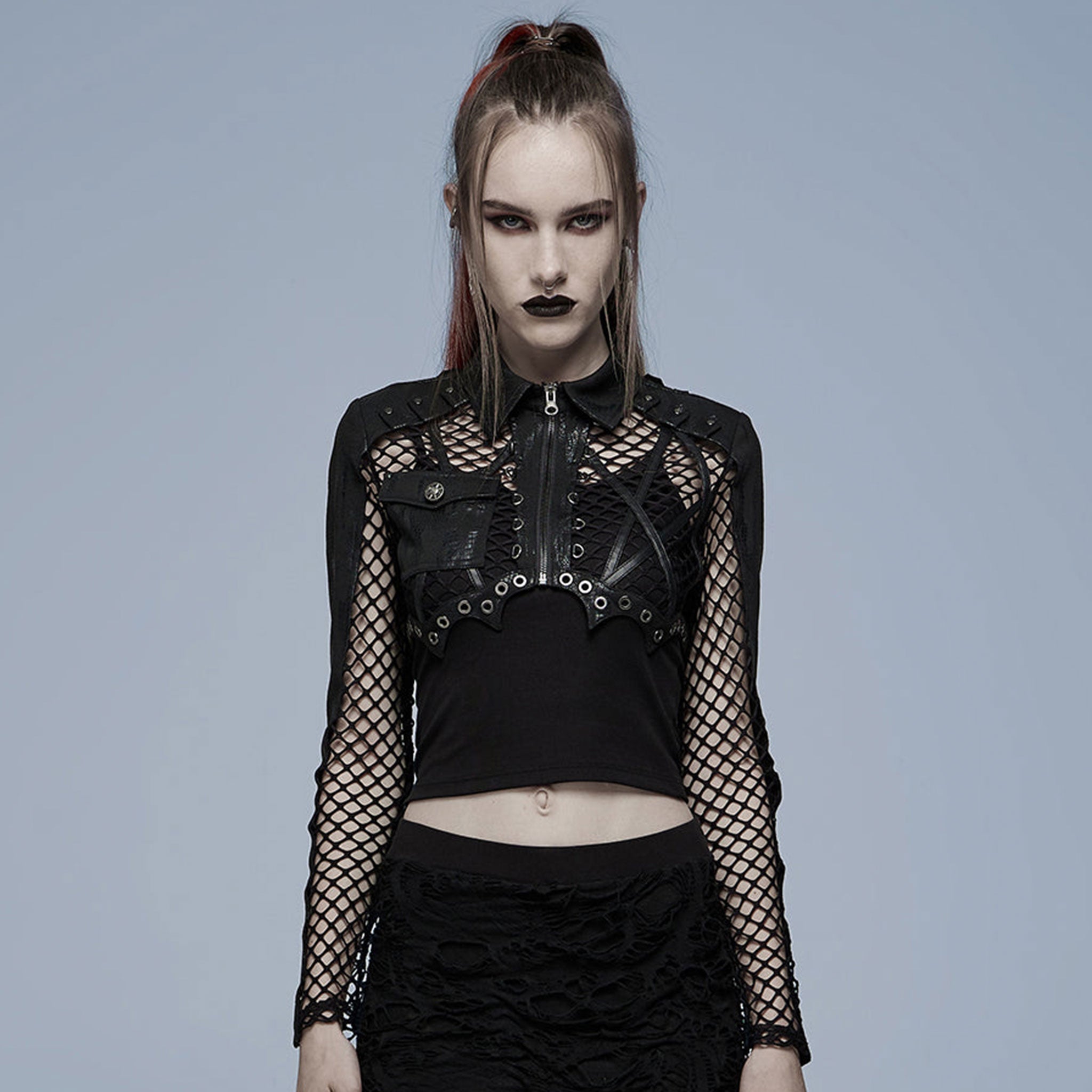 Polyester elastane spandex polyurethane cotton leather faux-leather imitation-leather net coarse-net mesh sheer transparent top jacket bolero croptop crop-top longsleeve long-sleeve sleeves sleeved snakeskin snake-skin animal-print criss-cross breast-pocket lightweight front-zip zipper fancy soft breathable opaque stretchy elaborate fashion alt-fashion punk dark-punk goth gothic clubwear techwear cyber rave costume cosplay halloween bat vampire female femme feminine womens black