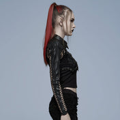 Polyester elastane spandex polyurethane cotton leather faux-leather imitation-leather net coarse-net mesh sheer transparent top jacket bolero croptop crop-top longsleeve long-sleeve sleeves sleeved snakeskin snake-skin animal-print criss-cross breast-pocket lightweight front-zip zipper fancy soft breathable opaque stretchy elaborate fashion alt-fashion punk dark-punk goth gothic clubwear techwear cyber rave costume cosplay halloween bat vampire female femme feminine womens black
