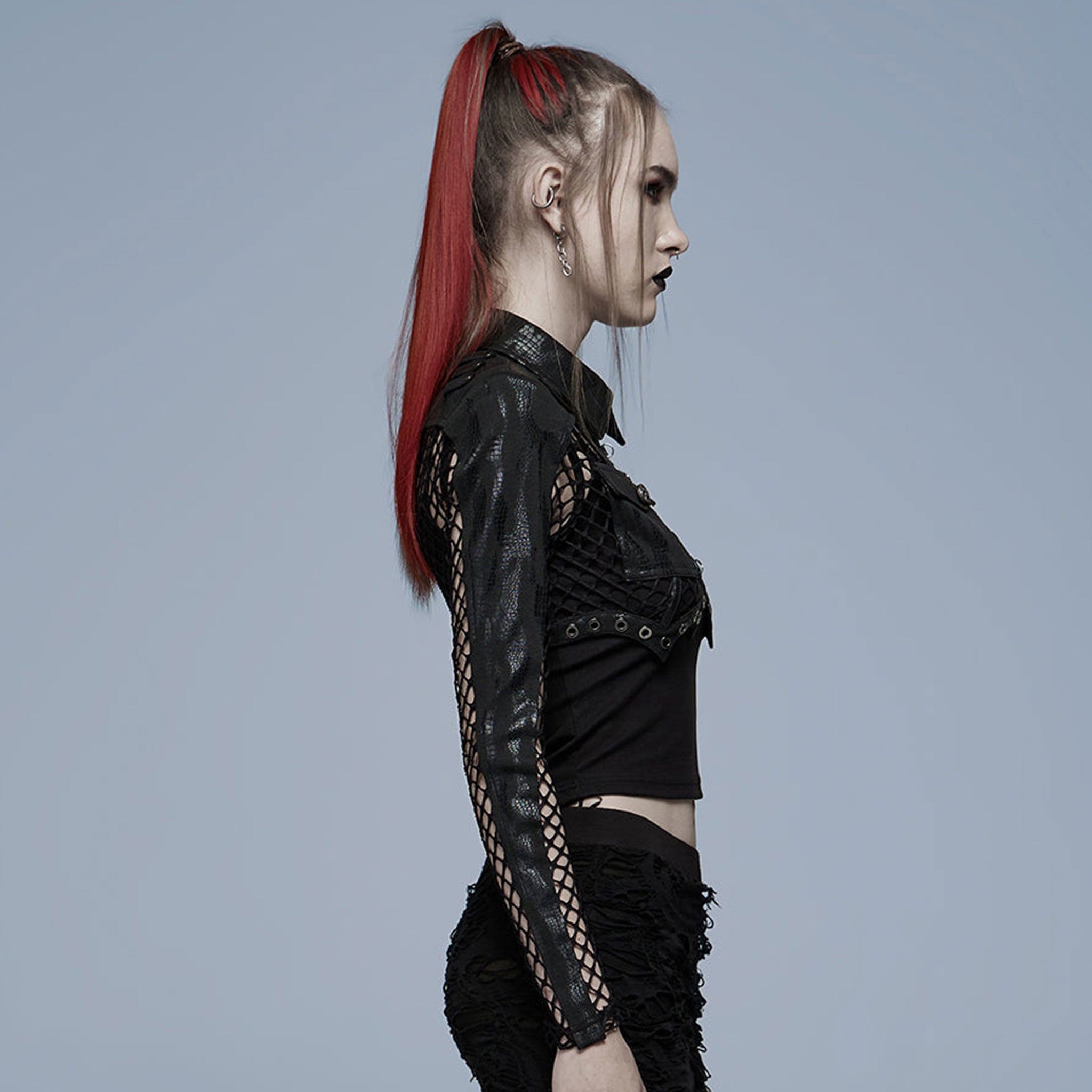 Polyester elastane spandex polyurethane cotton leather faux-leather imitation-leather net coarse-net mesh sheer transparent top jacket bolero croptop crop-top longsleeve long-sleeve sleeves sleeved snakeskin snake-skin animal-print criss-cross breast-pocket lightweight front-zip zipper fancy soft breathable opaque stretchy elaborate fashion alt-fashion punk dark-punk goth gothic clubwear techwear cyber rave costume cosplay halloween bat vampire female femme feminine womens black