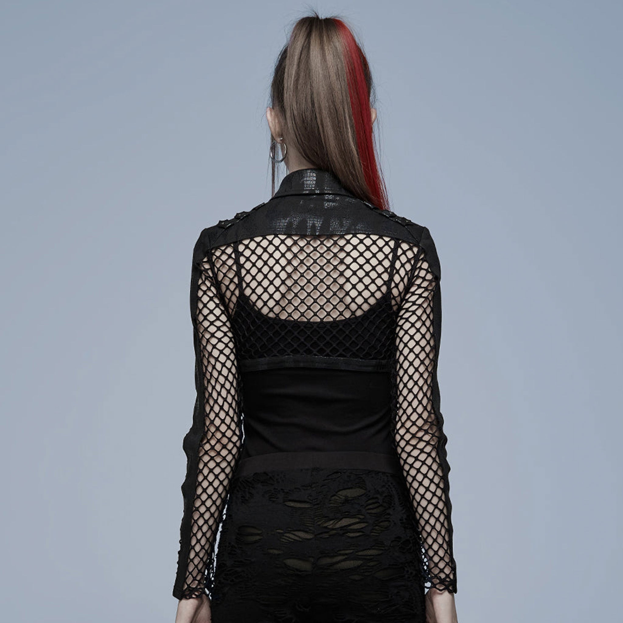 Polyester elastane spandex polyurethane cotton leather faux-leather imitation-leather net coarse-net mesh sheer transparent top jacket bolero croptop crop-top longsleeve long-sleeve sleeves sleeved snakeskin snake-skin animal-print criss-cross breast-pocket lightweight front-zip zipper fancy soft breathable opaque stretchy elaborate fashion alt-fashion punk dark-punk goth gothic clubwear techwear cyber rave costume cosplay halloween bat vampire female femme feminine womens black
