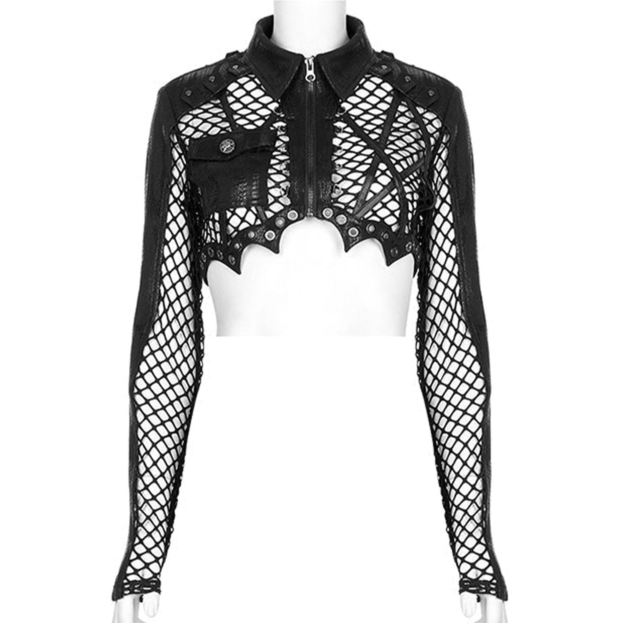 Polyester elastane spandex polyurethane cotton leather faux-leather imitation-leather net coarse-net mesh sheer transparent top jacket bolero croptop crop-top longsleeve long-sleeve sleeves sleeved snakeskin snake-skin animal-print criss-cross breast-pocket lightweight front-zip zipper fancy soft breathable opaque stretchy elaborate fashion alt-fashion punk dark-punk goth gothic clubwear techwear cyber rave costume cosplay halloween bat vampire female femme feminine womens black