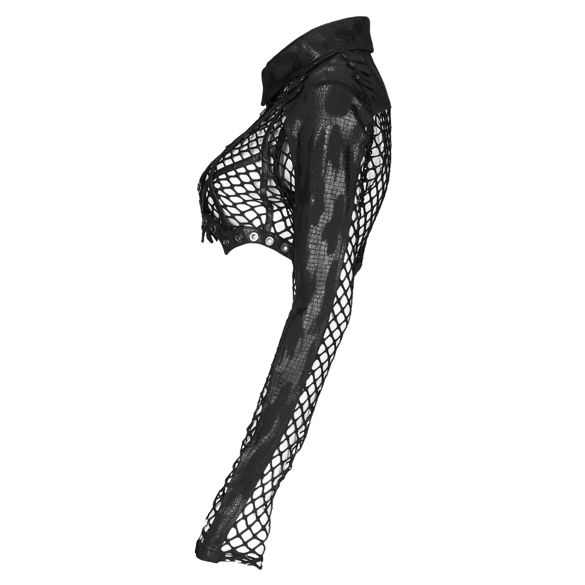 Polyester elastane spandex polyurethane cotton leather faux-leather imitation-leather net coarse-net mesh sheer transparent top jacket bolero croptop crop-top longsleeve long-sleeve sleeves sleeved snakeskin snake-skin animal-print criss-cross breast-pocket lightweight front-zip zipper fancy soft breathable opaque stretchy elaborate fashion alt-fashion punk dark-punk goth gothic clubwear techwear cyber rave costume cosplay halloween bat vampire female femme feminine womens black