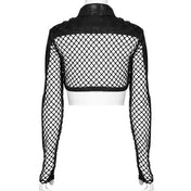 Polyester elastane spandex polyurethane cotton leather faux-leather imitation-leather net coarse-net mesh sheer transparent top jacket bolero croptop crop-top longsleeve long-sleeve sleeves sleeved snakeskin snake-skin animal-print criss-cross breast-pocket lightweight front-zip zipper fancy soft breathable opaque stretchy elaborate fashion alt-fashion punk dark-punk goth gothic clubwear techwear cyber rave costume cosplay halloween bat vampire female femme feminine womens black
