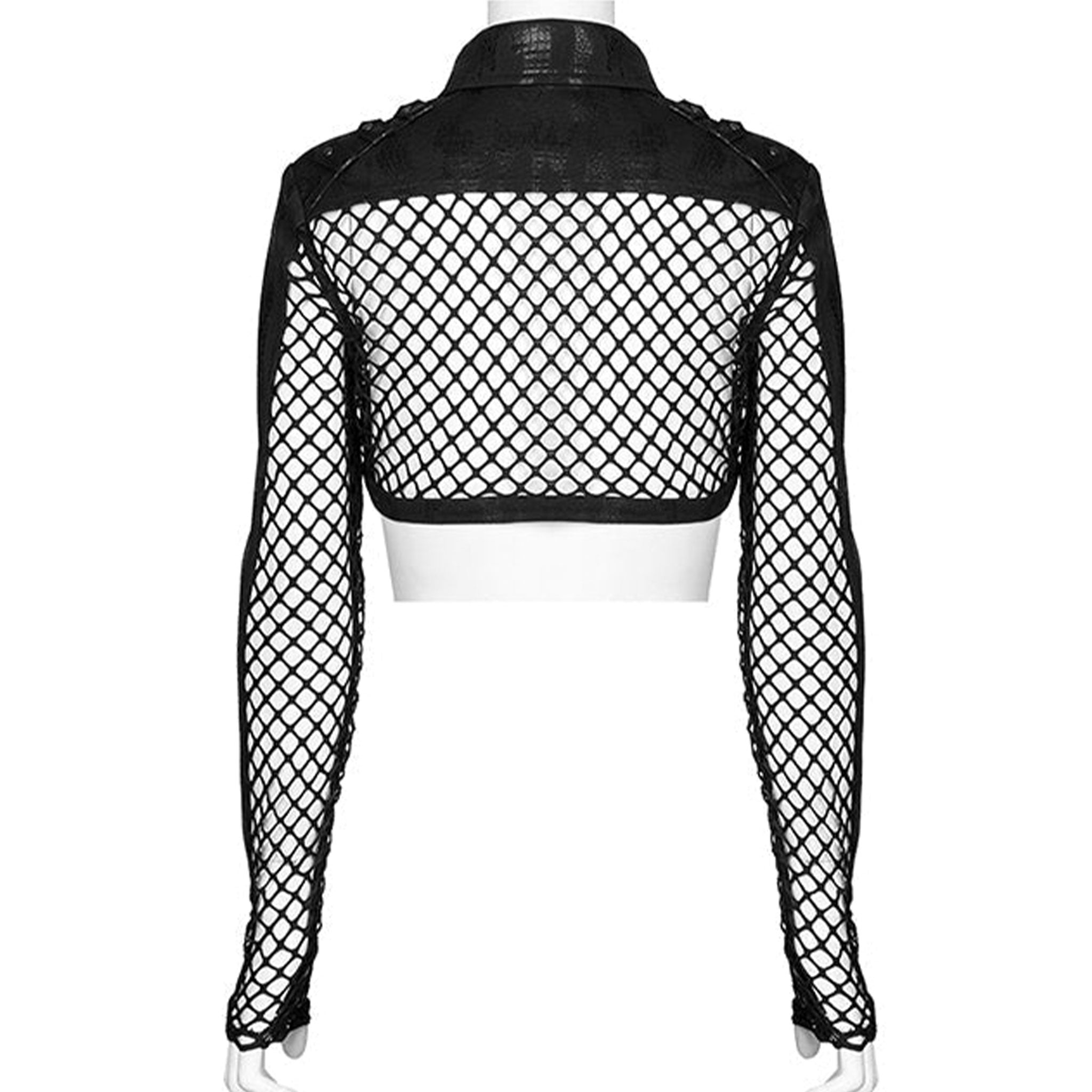 Polyester elastane spandex polyurethane cotton leather faux-leather imitation-leather net coarse-net mesh sheer transparent top jacket bolero croptop crop-top longsleeve long-sleeve sleeves sleeved snakeskin snake-skin animal-print criss-cross breast-pocket lightweight front-zip zipper fancy soft breathable opaque stretchy elaborate fashion alt-fashion punk dark-punk goth gothic clubwear techwear cyber rave costume cosplay halloween bat vampire female femme feminine womens black