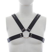 Leather vegan-leather PVC accessories harness chest-harness cross-chest x-harness x-shaped O-ring adjustable buckle shoulders pecs durable accentuating confidence style fetish fashion alt-fashion festivalwear ravewear clubwear bondage bdsm bdsm-gear kink kinky kinkwear costume cosplay halloween male masculine masc guys dudes gay lgbtq pride 