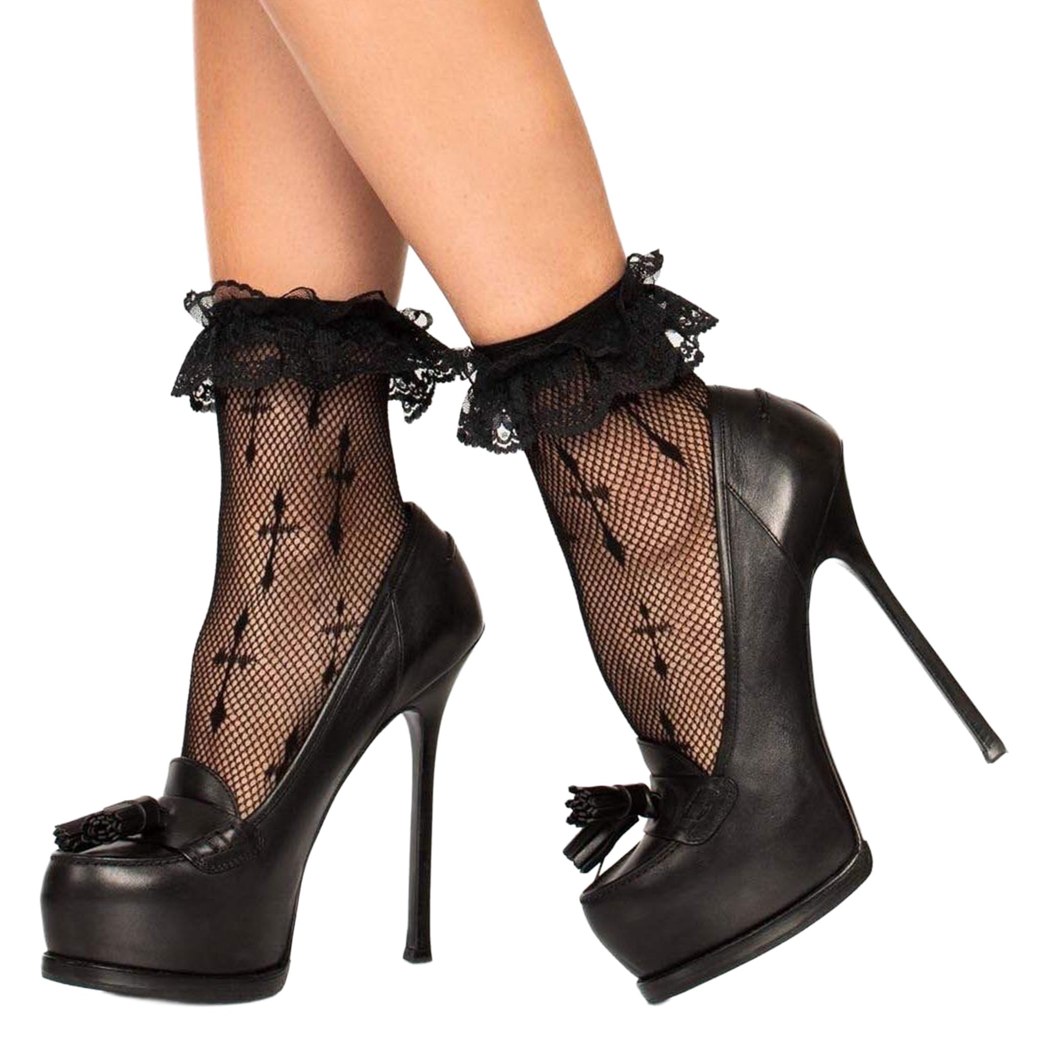 Nylon spandex elastane accessories hosiery socks ankle-socks fishnet fish-net cross-pattern ruffle-lace lace-top reinforced-toe stretchy breathable comfortable demure daring unique fetish fashion alt-fashion goth gothic costume cosplay halloween schoolgirl ddlg brat female femme feminine womens black