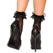 Nylon spandex elastane accessories hosiery socks ankle-socks fishnet fish-net cross-pattern ruffle-lace lace-top reinforced-toe stretchy breathable comfortable demure daring unique fetish fashion alt-fashion goth gothic costume cosplay halloween schoolgirl ddlg brat female femme feminine womens black