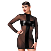 Mesh tulle sheer semi-sheer transparent wetlook wetlook-panels power-wetlook dress mini-dress minidress longsleeve long-sleeve sleeves sleeved turtleneck turtle-neck collar lightweight cross criss-cross crossfire pullover stretchy elegant seductive striking soft bold daring comfortable teasing strategic eye-catching contoured body-hugging snug flattering provocative sophisticated sexy fetish fashion alt-fashion party club clubwear costume cosplay halloween confession female femme feminine womens black
