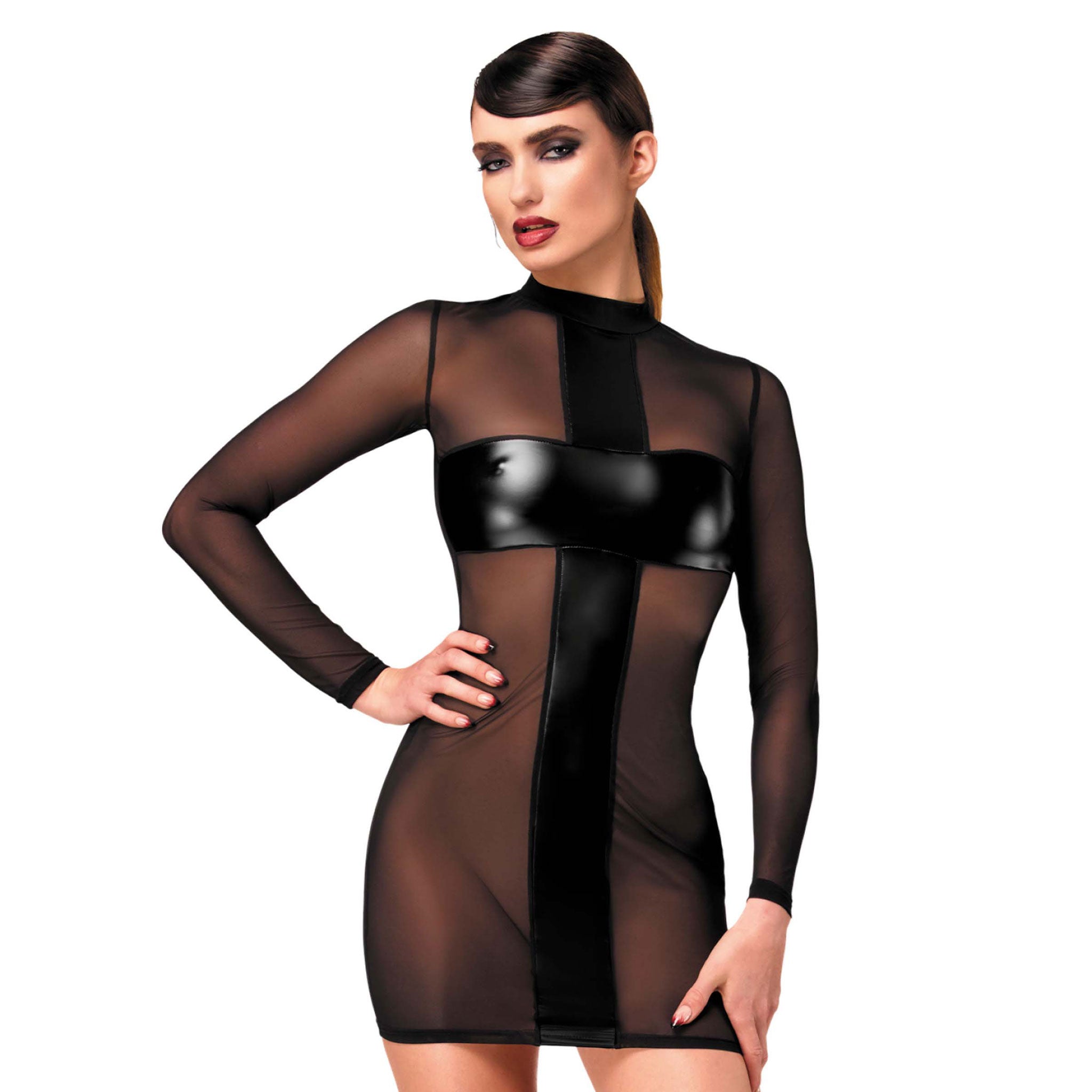 Mesh tulle sheer semi-sheer transparent wetlook wetlook-panels power-wetlook dress mini-dress minidress longsleeve long-sleeve sleeves sleeved turtleneck turtle-neck collar lightweight cross criss-cross crossfire pullover stretchy elegant seductive striking soft bold daring comfortable teasing strategic eye-catching contoured body-hugging snug flattering provocative sophisticated sexy fetish fashion alt-fashion party club clubwear costume cosplay halloween confession female femme feminine womens black