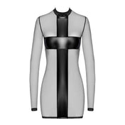 Mesh tulle sheer semi-sheer transparent wetlook wetlook-panels power-wetlook dress mini-dress minidress longsleeve long-sleeve sleeves sleeved turtleneck turtle-neck collar lightweight cross criss-cross crossfire pullover stretchy elegant seductive striking soft bold daring comfortable teasing strategic eye-catching contoured body-hugging snug flattering provocative sophisticated sexy fetish fashion alt-fashion party club clubwear costume cosplay halloween confession female femme feminine womens black