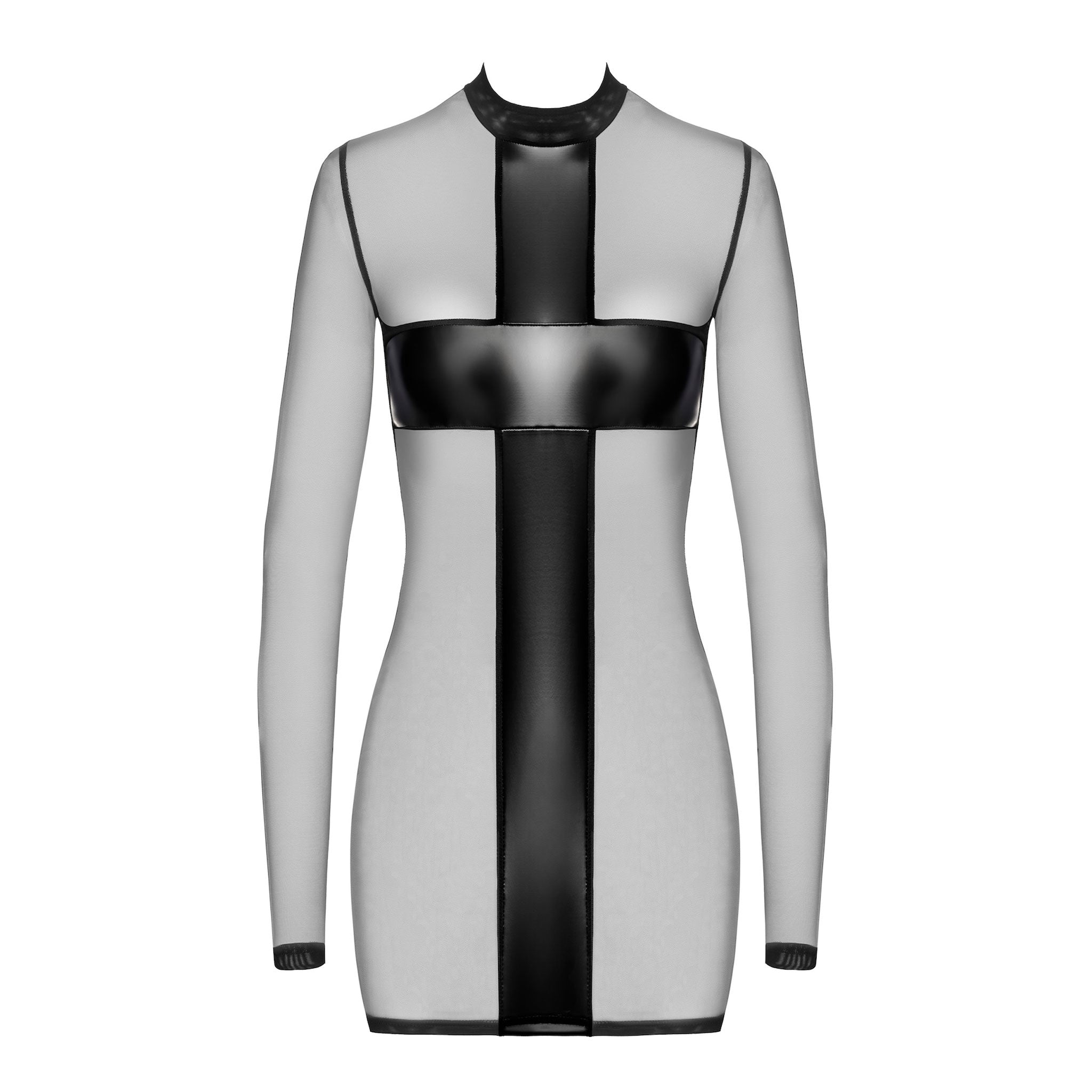 Mesh tulle sheer semi-sheer transparent wetlook wetlook-panels power-wetlook dress mini-dress minidress longsleeve long-sleeve sleeves sleeved turtleneck turtle-neck collar lightweight cross criss-cross crossfire pullover stretchy elegant seductive striking soft bold daring comfortable teasing strategic eye-catching contoured body-hugging snug flattering provocative sophisticated sexy fetish fashion alt-fashion party club clubwear costume cosplay halloween confession female femme feminine womens black
