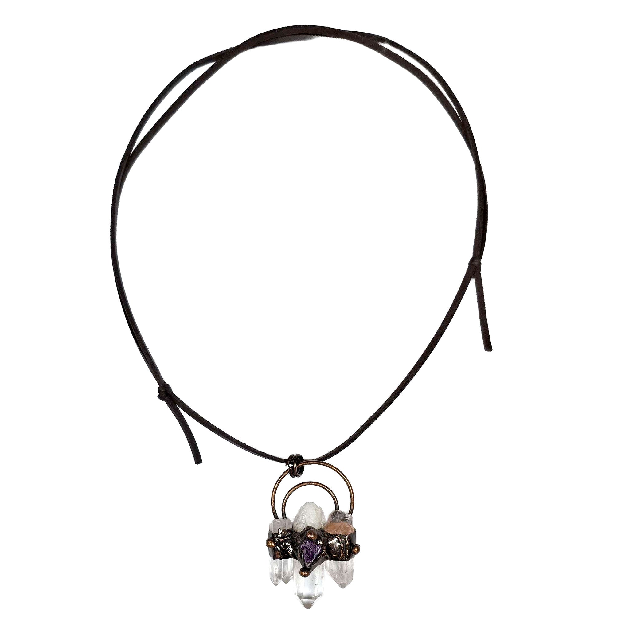 Leather PU-leather amethyst quartz clear-quartz body-safe hypoallergenic nickel-free lead-free accessories jewelry natural-jewelry necklace adjustable balance-emotions block-negative fashion alt-fashion alternative bohemian boho hippy hippie festival gypsy fortune-teller costume cosplay halloween gifts unisex clear purple copper brown