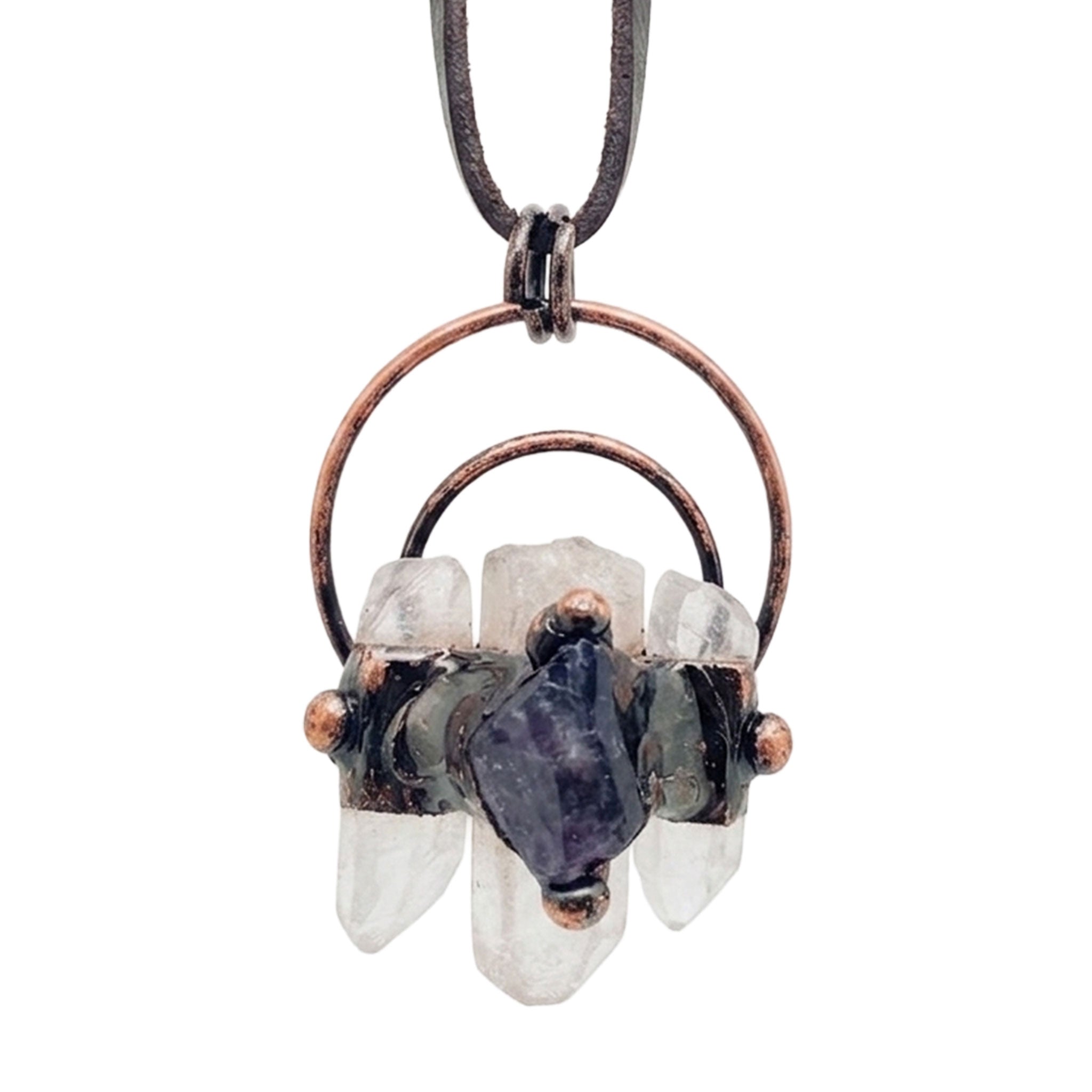 Leather PU-leather amethyst quartz clear-quartz body-safe hypoallergenic nickel-free lead-free accessories jewelry natural-jewelry necklace adjustable balance-emotions block-negative fashion alt-fashion alternative bohemian boho hippy hippie festival gypsy fortune-teller costume cosplay halloween gifts unisex clear purple copper brown