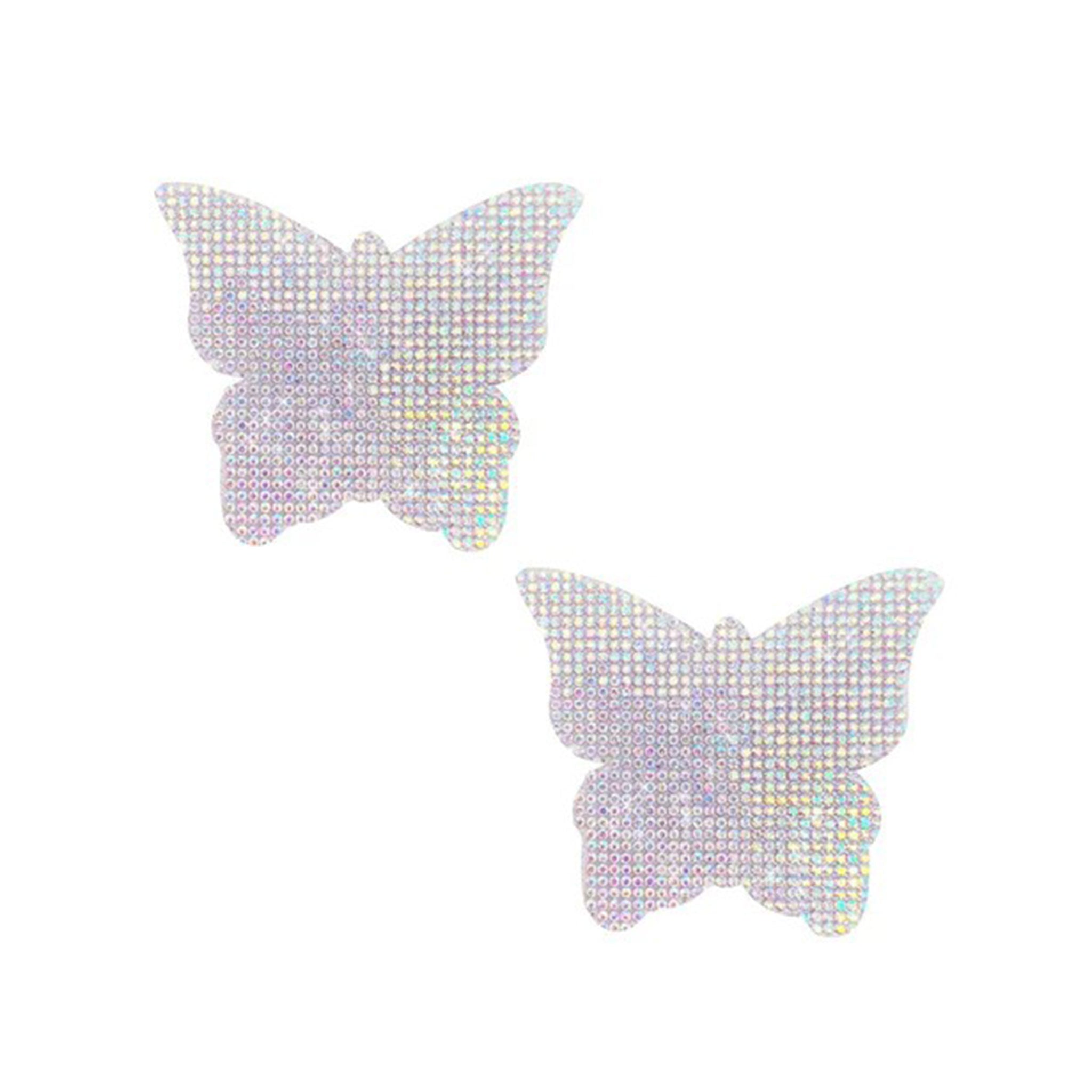 Adhesive medical-grade swimsuit-material self-adhering hypoallergenic latex-free rhinestone crystal accessories intimates stickers body-stickers mini-stickers 6pk 6-pack six-pack mini-butterfly skin glittery sparkling dazzle dazzling majestic beautiful gorgeous fashion alt-fashion fairy pixie fantasy butterfly monarch rave ravewear festival club clubwear costume cosplay halloween female femme feminine womens AB aurora-borealis iridescent bodistix pride