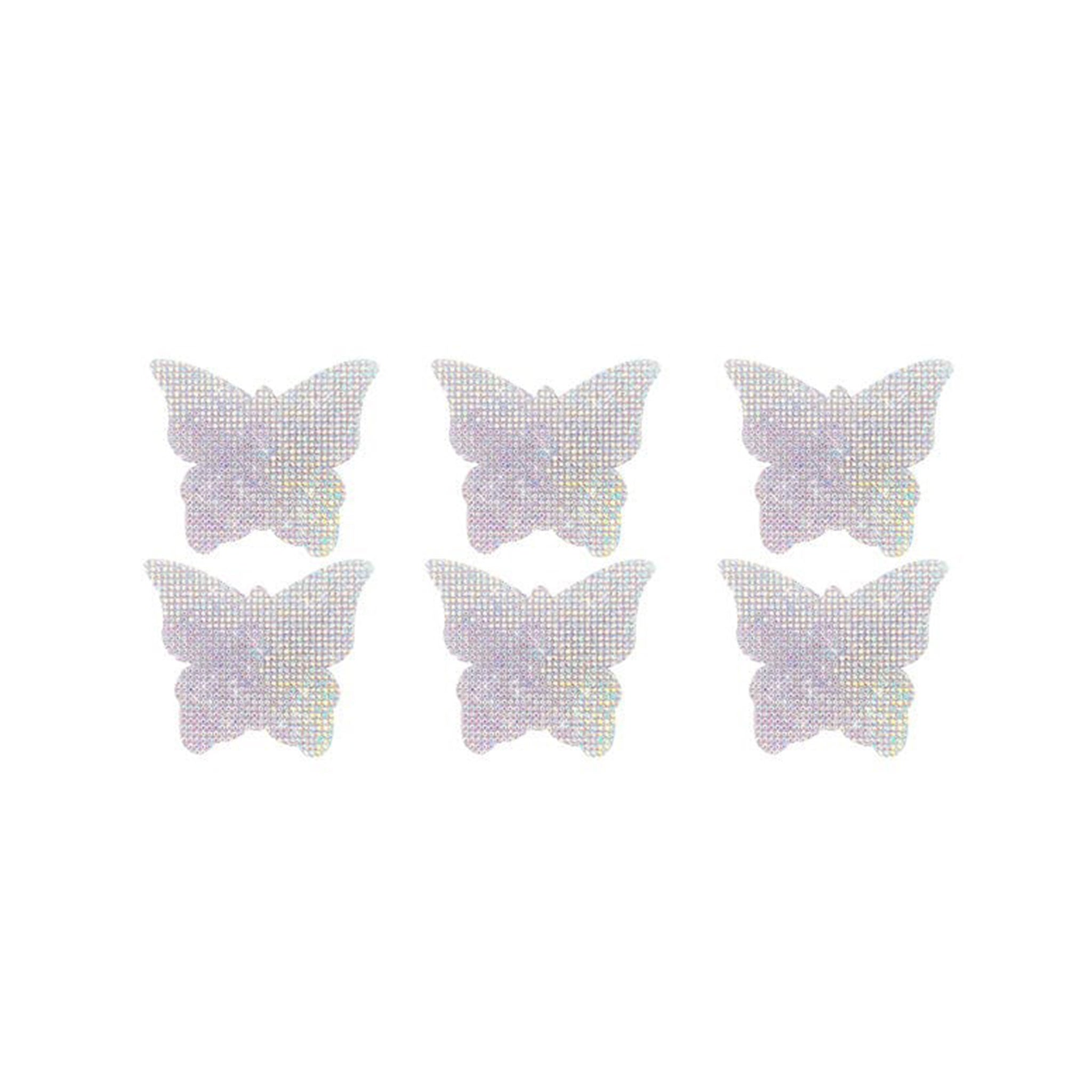 Adhesive medical-grade swimsuit-material self-adhering hypoallergenic latex-free rhinestone crystal accessories intimates stickers body-stickers mini-stickers 6pk 6-pack six-pack mini-butterfly skin glittery sparkling dazzle dazzling majestic beautiful gorgeous fashion alt-fashion fairy pixie fantasy butterfly monarch rave ravewear festival club clubwear costume cosplay halloween female femme feminine womens AB aurora-borealis iridescent bodistix pride