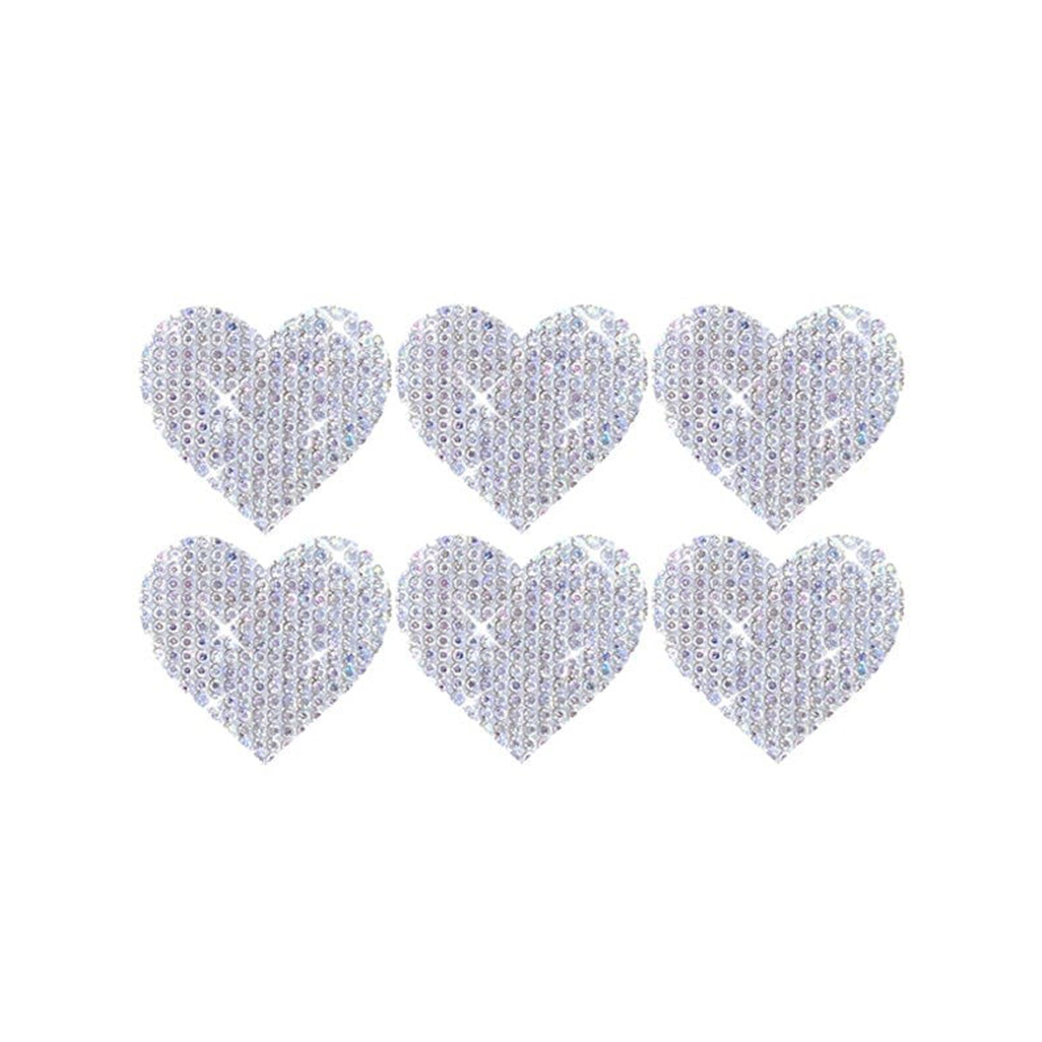 Crystals glass adhesive medical-grade silicone-backing silicone self-adhesive accessories intimates body-stickers 6pk 6pc 6-pack six-pack skin heart-shaped mini-hearts sparkling shining sparkly shiny dazzle dazzling glittery costume cosplay halloween rave ravewear festival valentines female femme feminine women clear