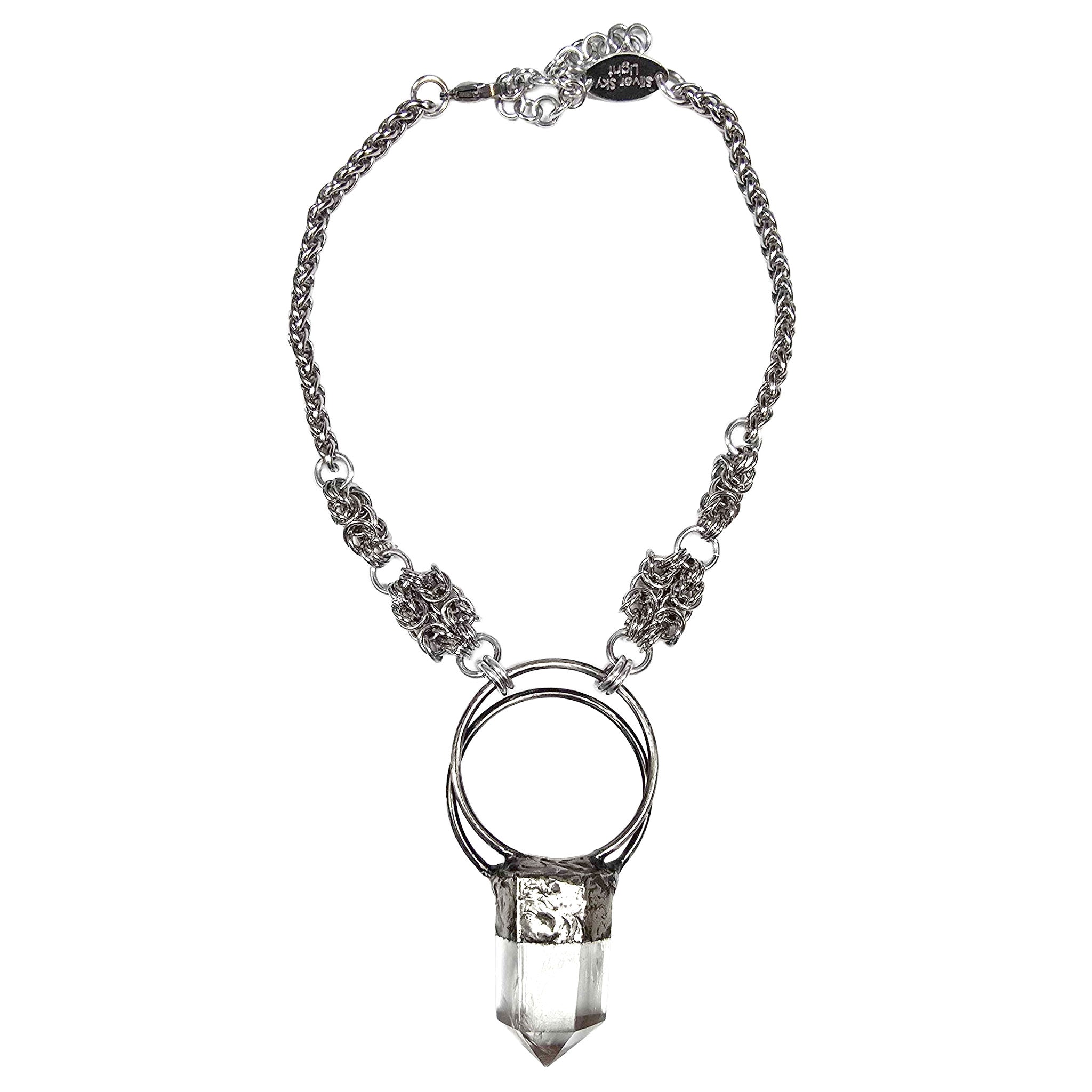 Quartz clear-quartz crystal-quartz copper electroplated-copper electroplated stainless-steel accessories jewelry spiritual-jewelry necklace choker maille-choker double-ring copper-setting obelisk tower generator maille-ring amplifier energy-amplifier energy-cleanser master-healer lobster-clasp balance chic fashion alt-fashion boho hippie spiritual-glam casual-chic high-fashion holiday gifts unisex clear