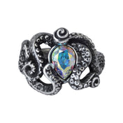 Pewter englist-pewter crystal swarovski-crystal austrian lead-free cadmium-free nickel-free hypoallergenic accessories jewelry ring tentacles octopus squid kraken ocean teardrop fashion alt-fashion goth gothic darkness costume cosplay halloween sea-monster cthulu lovecraft-mythos horror unisex silver iridescent white-rainbow
