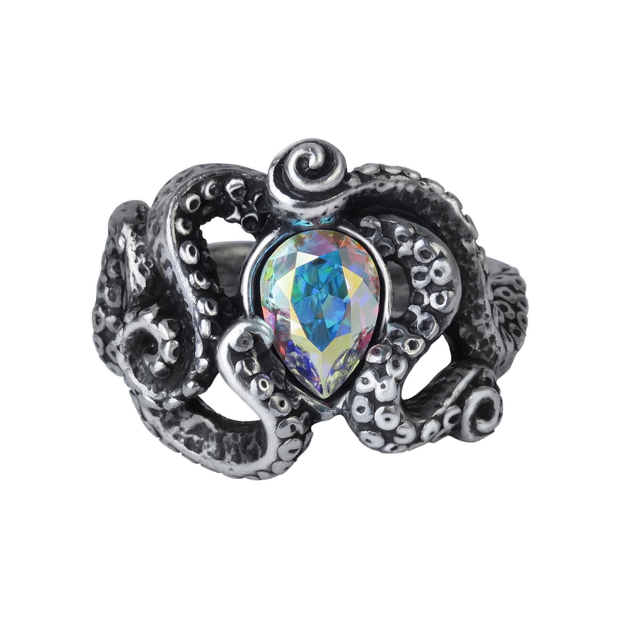 Pewter englist-pewter crystal swarovski-crystal austrian lead-free cadmium-free nickel-free hypoallergenic accessories jewelry ring tentacles octopus squid kraken ocean teardrop fashion alt-fashion goth gothic darkness costume cosplay halloween sea-monster cthulu lovecraft-mythos horror unisex silver iridescent white-rainbow