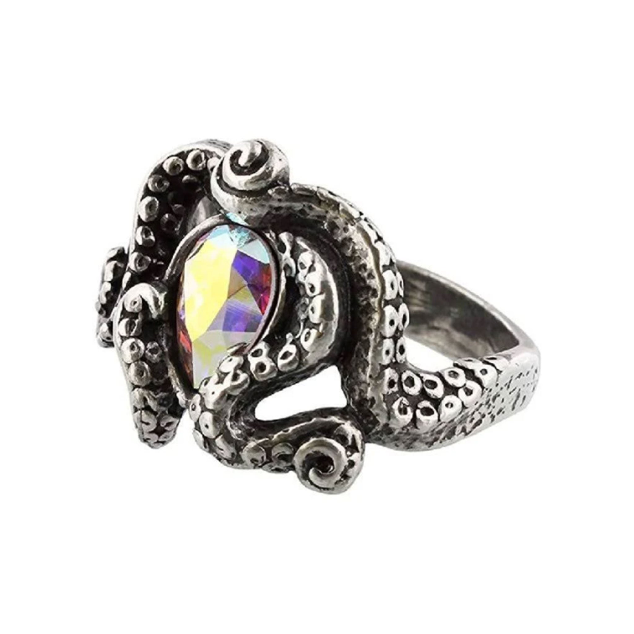 Pewter englist-pewter crystal swarovski-crystal austrian lead-free cadmium-free nickel-free hypoallergenic accessories jewelry ring tentacles octopus squid kraken ocean teardrop fashion alt-fashion goth gothic darkness costume cosplay halloween sea-monster cthulu lovecraft-mythos horror unisex silver iridescent white-rainbow