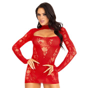 Nylon spandex dress mini-dress minidress chemise lace keyhole opaque panel high neck sleeves long-sleeve longsleeve gloved daring stretchy sexy female femme feminine women red