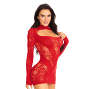 Nylon spandex dress mini-dress minidress chemise lace keyhole opaque panel high neck sleeves long-sleeve longsleeve gloved daring stretchy sexy female femme feminine women red