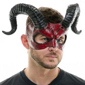 Plastic plastic-resin elastic-band accessories mask half-mask horns horned curved-horn curled-horn ram-horns glossy shiny comfortable lightweight bold devilish attitude dramatic fierce sinister fetish fashion alt-fashion alternative goth gothic party masquerade kink kinky kinky-play devil demon sacrilege costume cosplay halloween halloween-accessories villains unisex red