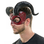 Plastic plastic-resin elastic-band accessories mask half-mask horns horned curved-horn curled-horn ram-horns glossy shiny comfortable lightweight bold devilish attitude dramatic fierce sinister fetish fashion alt-fashion alternative goth gothic party masquerade kink kinky kinky-play devil demon sacrilege costume cosplay halloween halloween-accessories villains unisex red