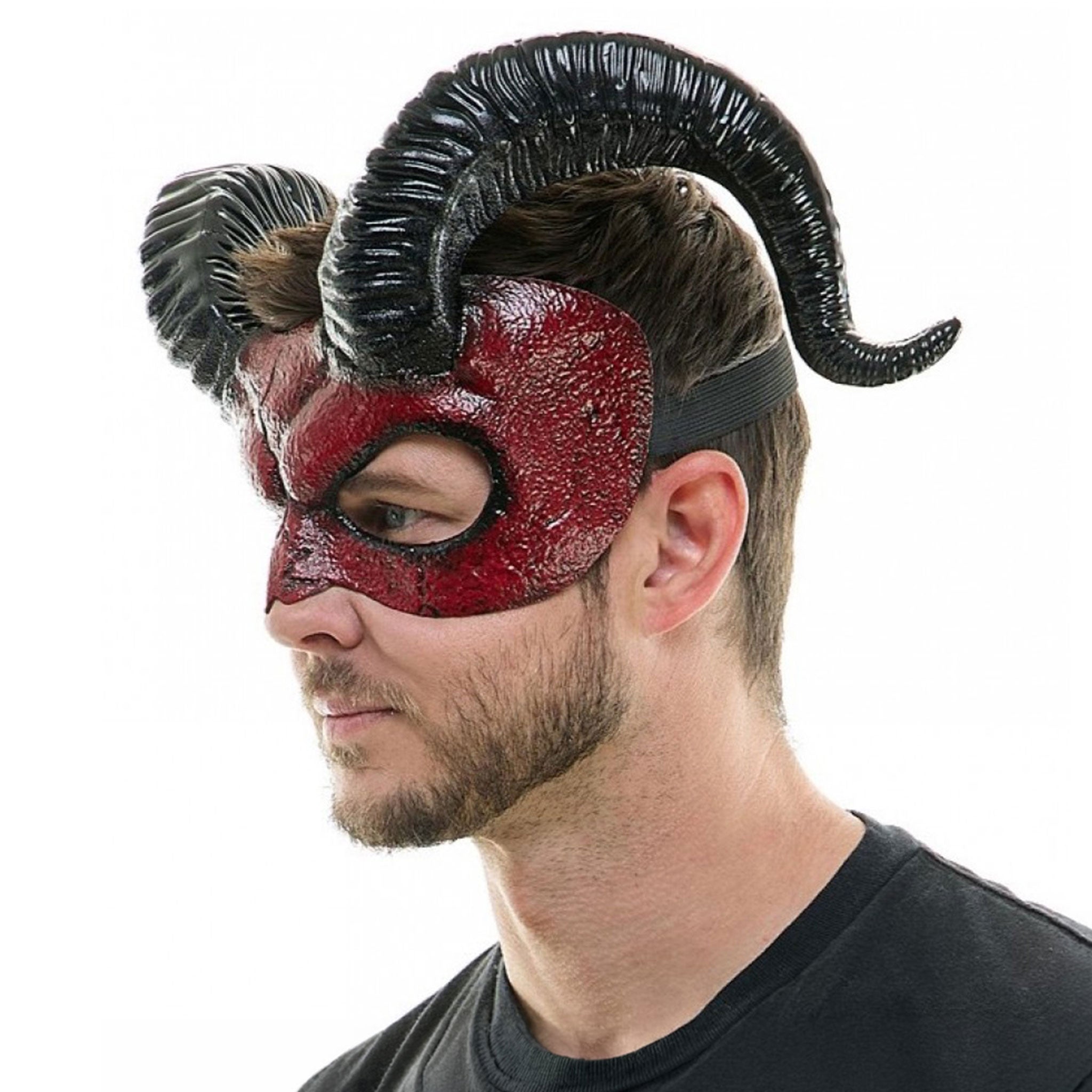 Plastic plastic-resin elastic-band accessories mask half-mask horns horned curved-horn curled-horn ram-horns glossy shiny comfortable lightweight bold devilish attitude dramatic fierce sinister fetish fashion alt-fashion alternative goth gothic party masquerade kink kinky kinky-play devil demon sacrilege costume cosplay halloween halloween-accessories villains unisex red