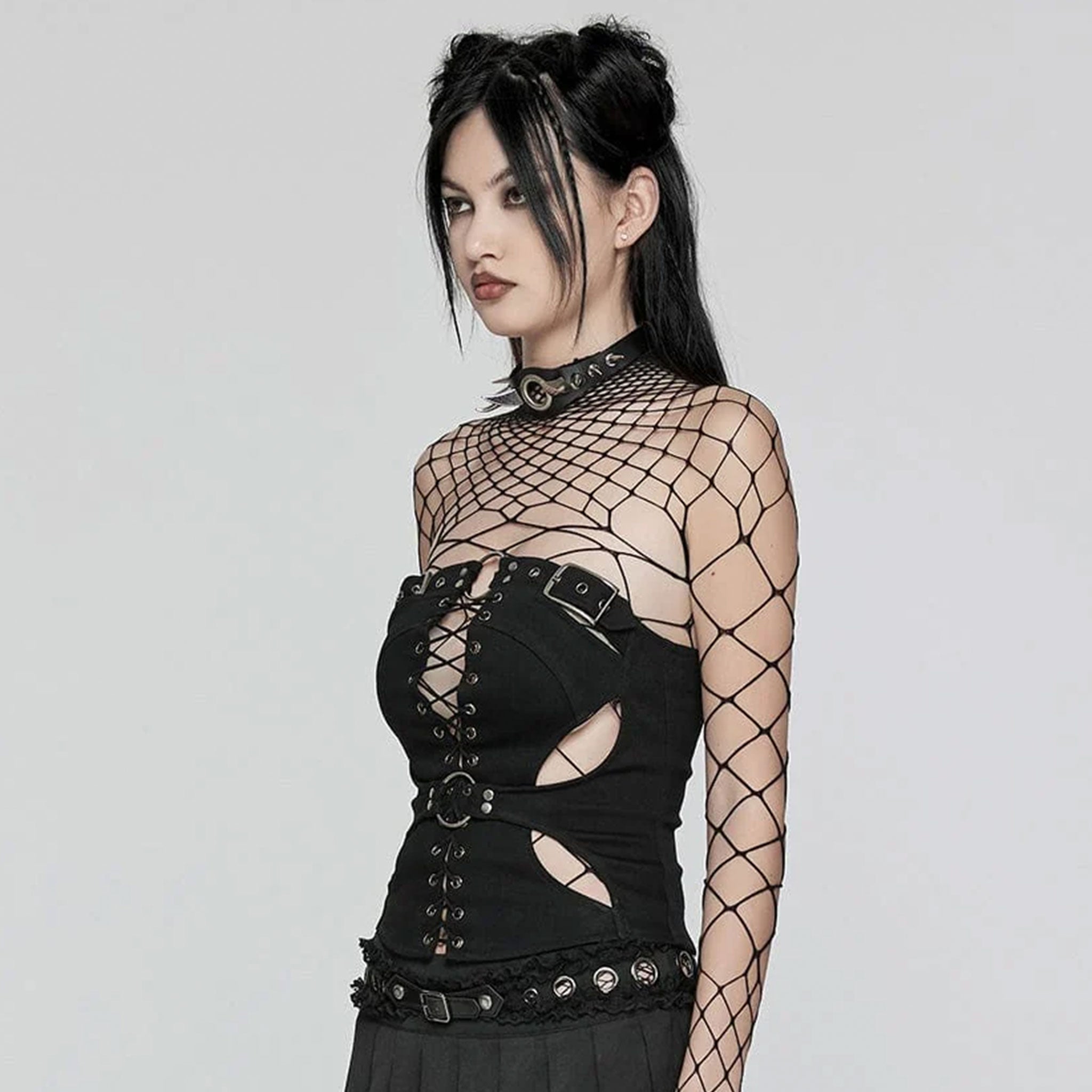 Cotton twill micro-elastic top tube tube-top strategic cutout cutouts hollow adjustable buckles lace-up front criss-cross crisscross criss cross back zip fitted punk rock edge edginess black
