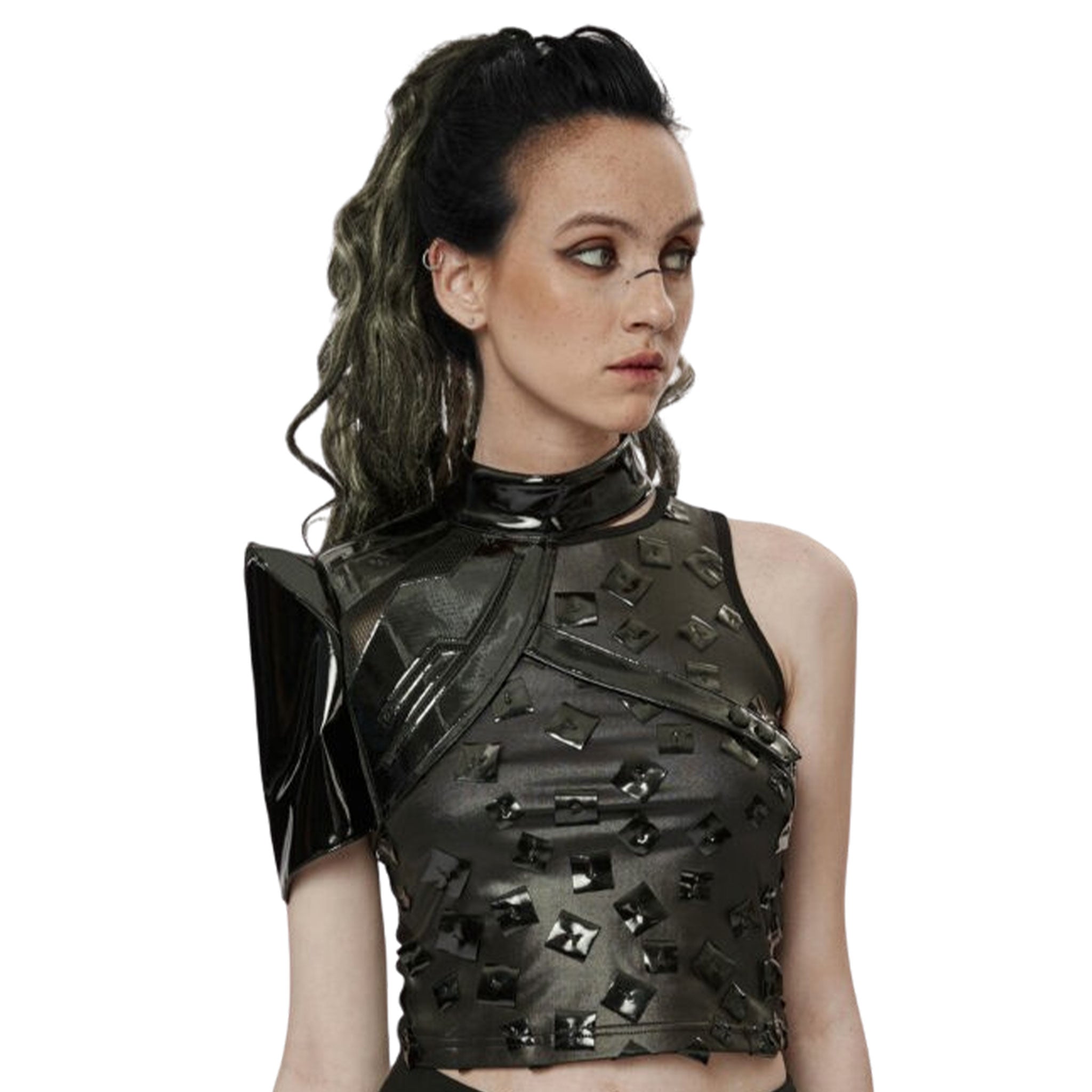 Leather patent-leather synthetic-leather polyester polyurethane elastane Spandex mesh apparel jacket harness body-harness chest-harness shoulder-harness asymmetrical one-shoulder one-arm one-armed one-sided snap-button press-stud adjustable collar high-collar futuristic mechanical glossy shiny unique wild fetish fashion alt-fashion punk cyber cyber-punk costume cosplay dancewear rave ravewear raver-babe female femme feminine womens black