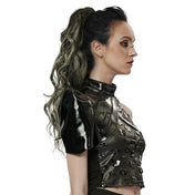 Leather patent-leather synthetic-leather polyester polyurethane elastane Spandex mesh apparel jacket harness body-harness chest-harness shoulder-harness asymmetrical one-shoulder one-arm one-armed one-sided snap-button press-stud adjustable collar high-collar futuristic mechanical glossy shiny unique wild fetish fashion alt-fashion punk cyber cyber-punk costume cosplay dancewear rave ravewear raver-babe female femme feminine womens black