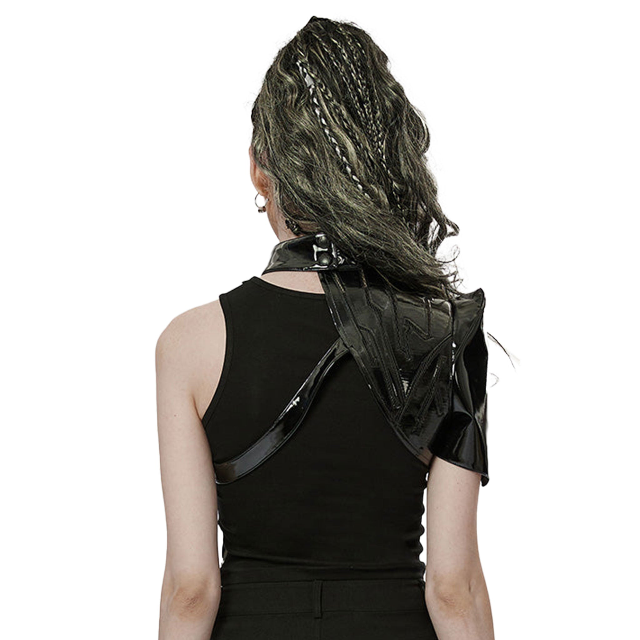 Leather patent-leather synthetic-leather polyester polyurethane elastane Spandex mesh apparel jacket harness body-harness chest-harness shoulder-harness asymmetrical one-shoulder one-arm one-armed one-sided snap-button press-stud adjustable collar high-collar futuristic mechanical glossy shiny unique wild fetish fashion alt-fashion punk cyber cyber-punk costume cosplay dancewear rave ravewear raver-babe female femme feminine womens black